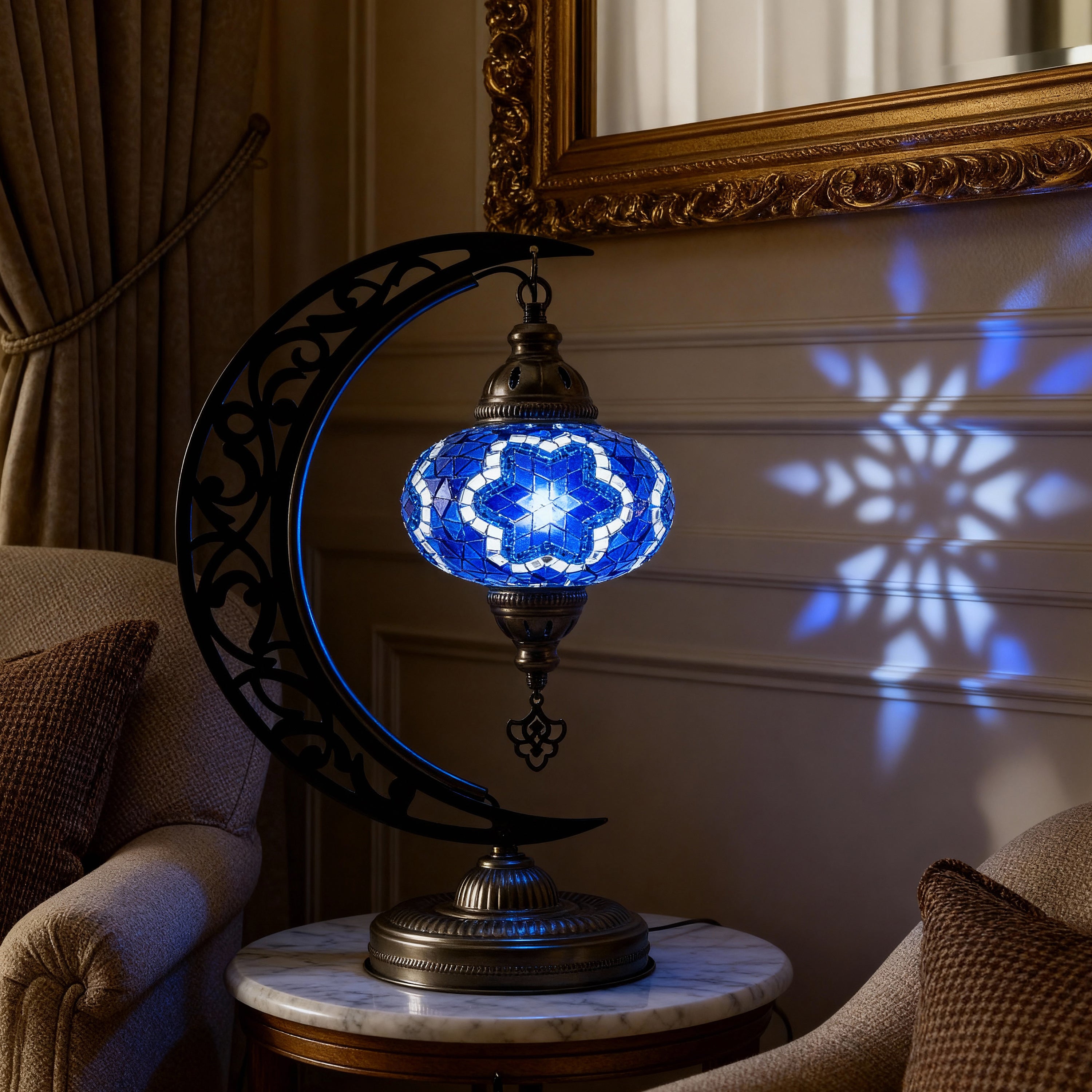 Turkish Mosaic Crescent Table Lamp (Blue)
