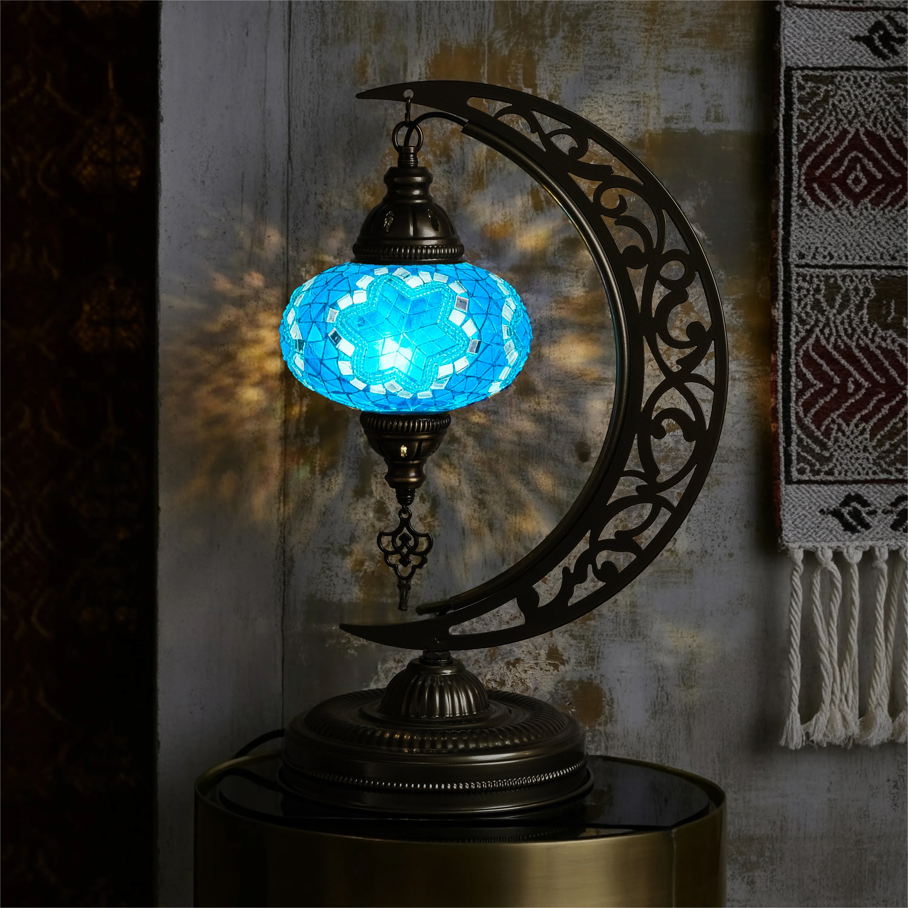 Turkish Mosaic Crescent Table Lamp (Turquoise Blue)