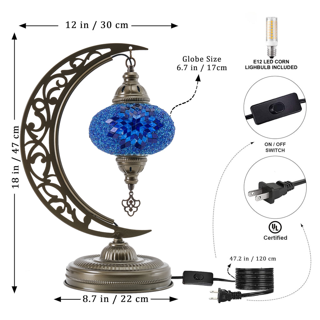 Turkish Mosaic Crescent Table Lamp (Blue)