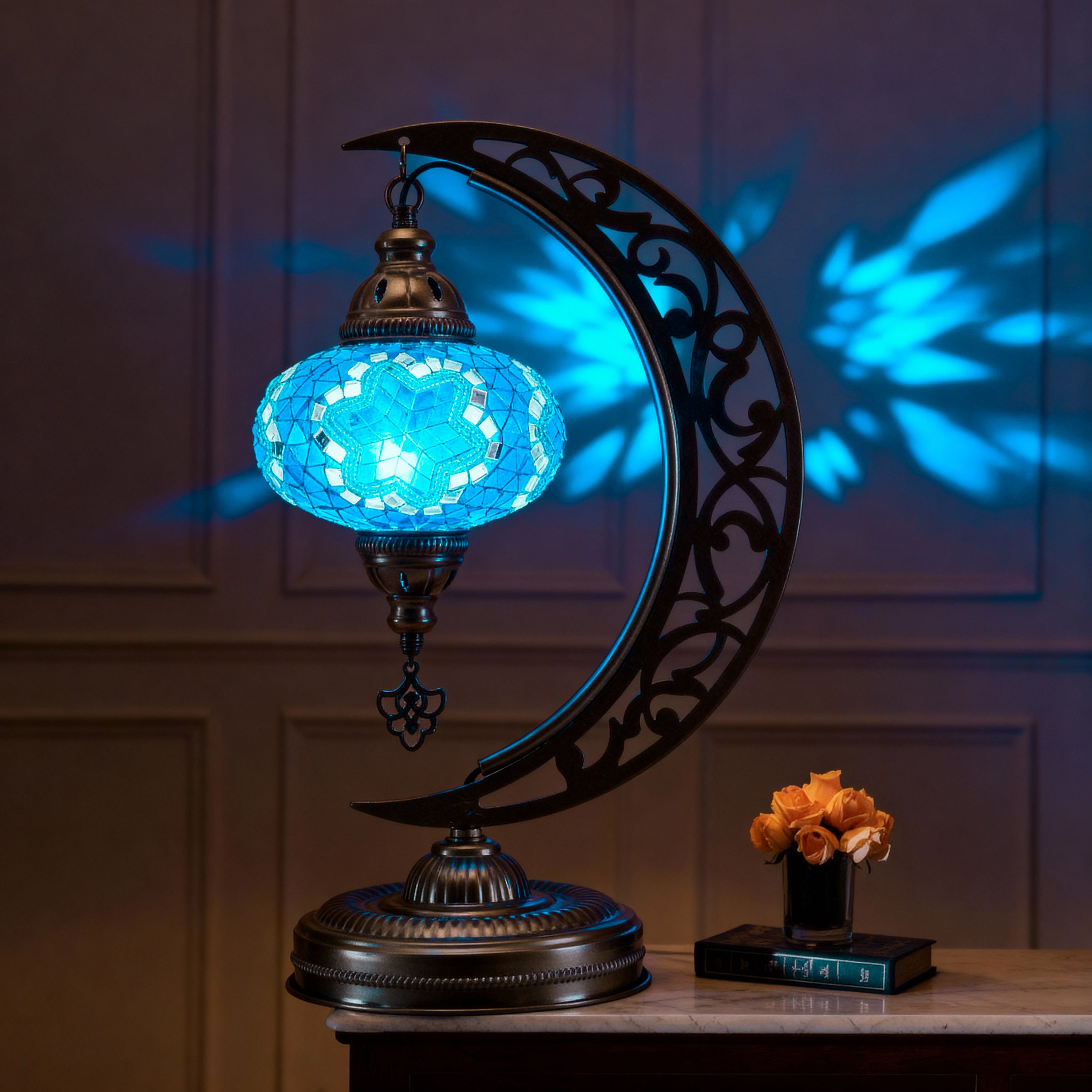 Turkish Mosaic Crescent Table Lamp (Turquoise Blue)