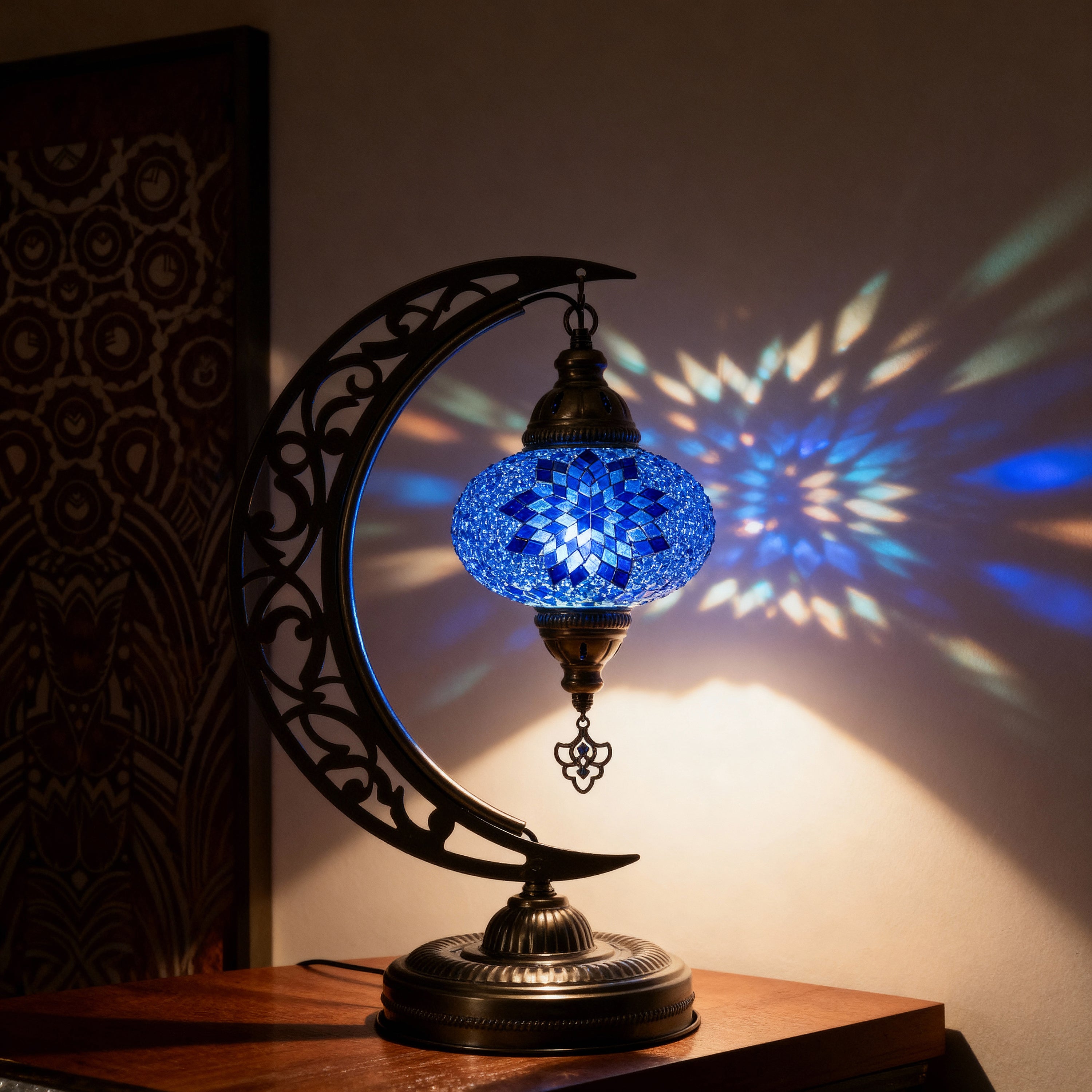 Turkish Mosaic Crescent Table Lamp (Blue)