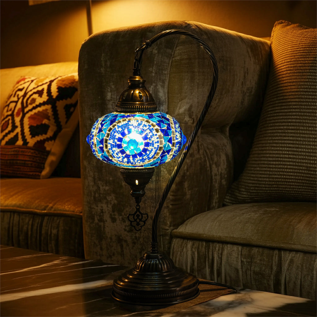 Mozaist Handmade Turkish Mosaic Swan Table Lamp Blue
