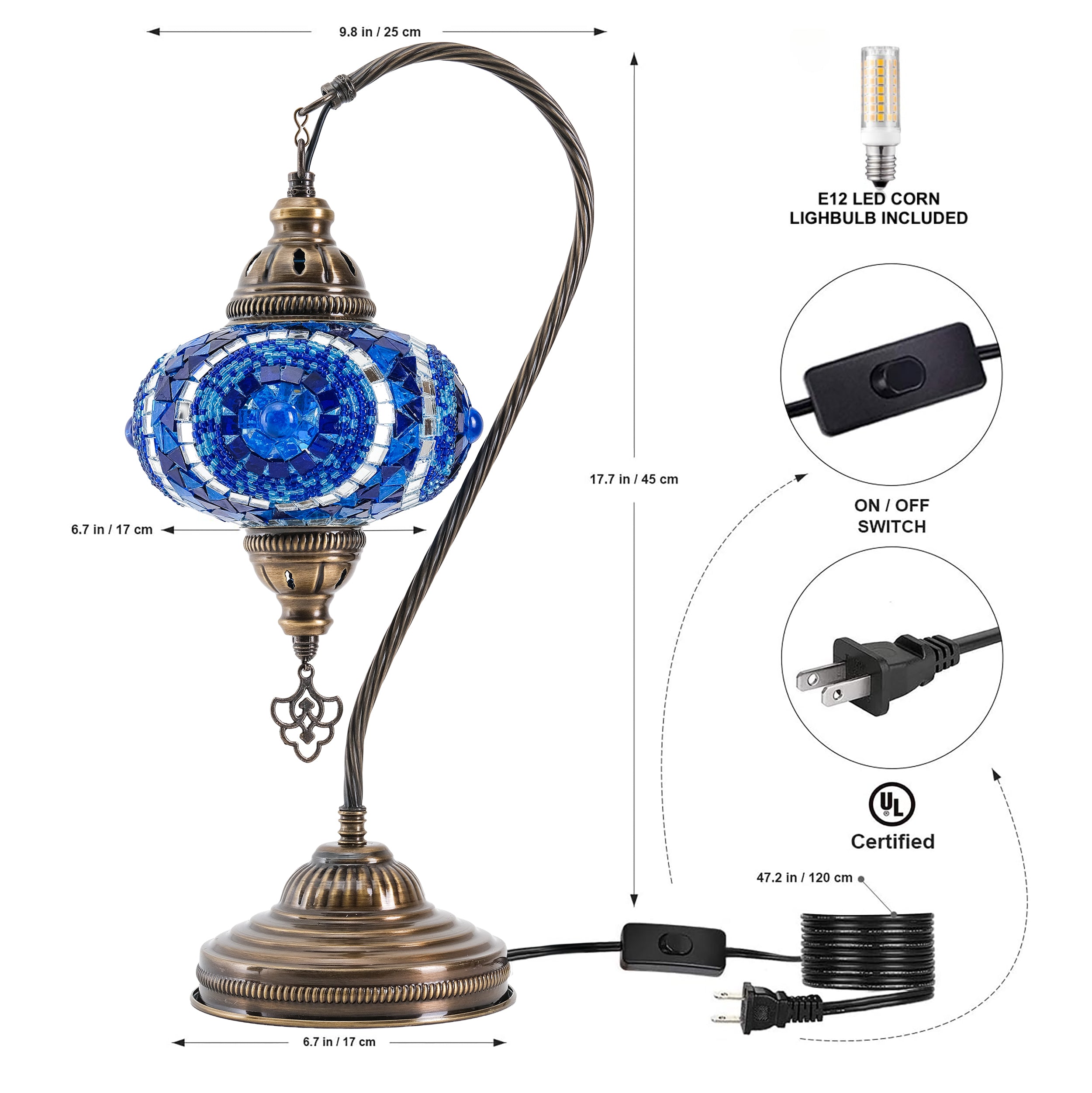 Mozaist Handmade Turkish Mosaic Swan Table Lamp Blue