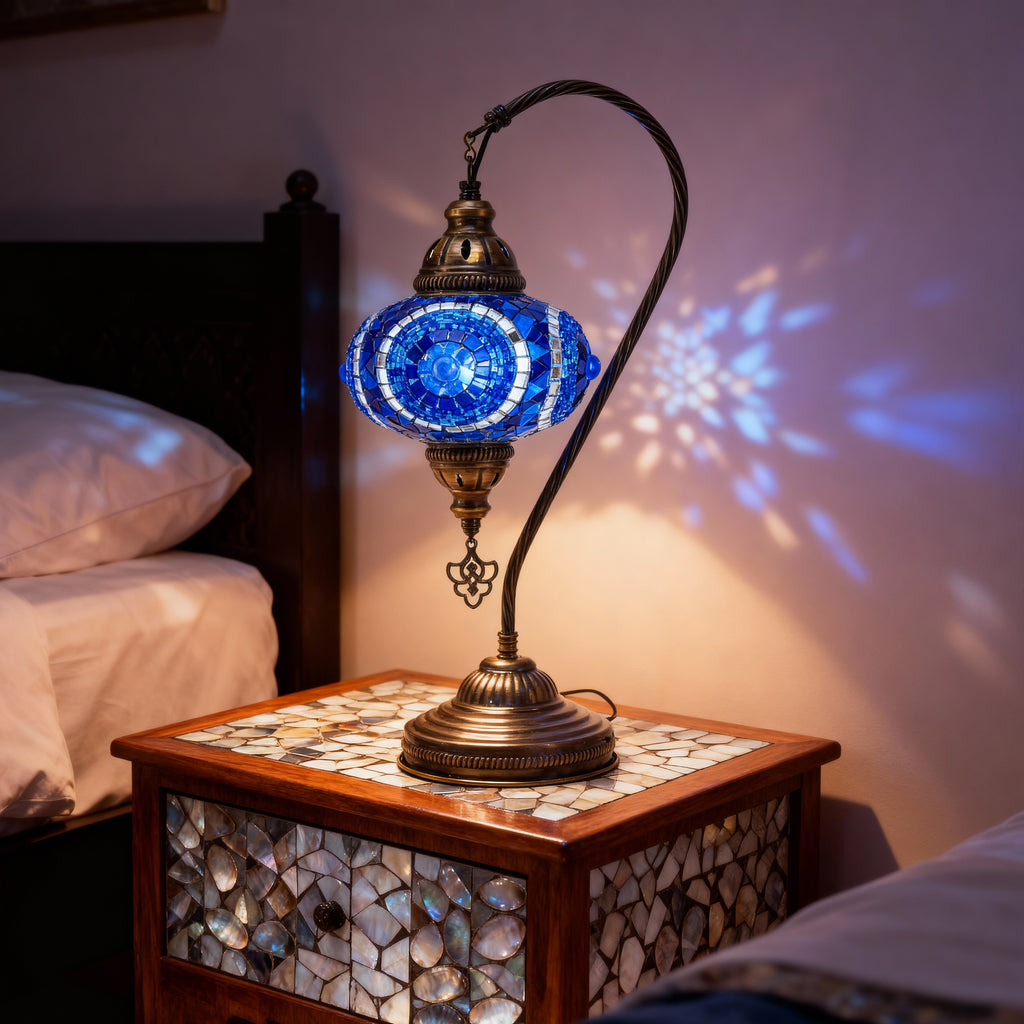 Mozaist Handmade Turkish Mosaic Swan Table Lamp Blue