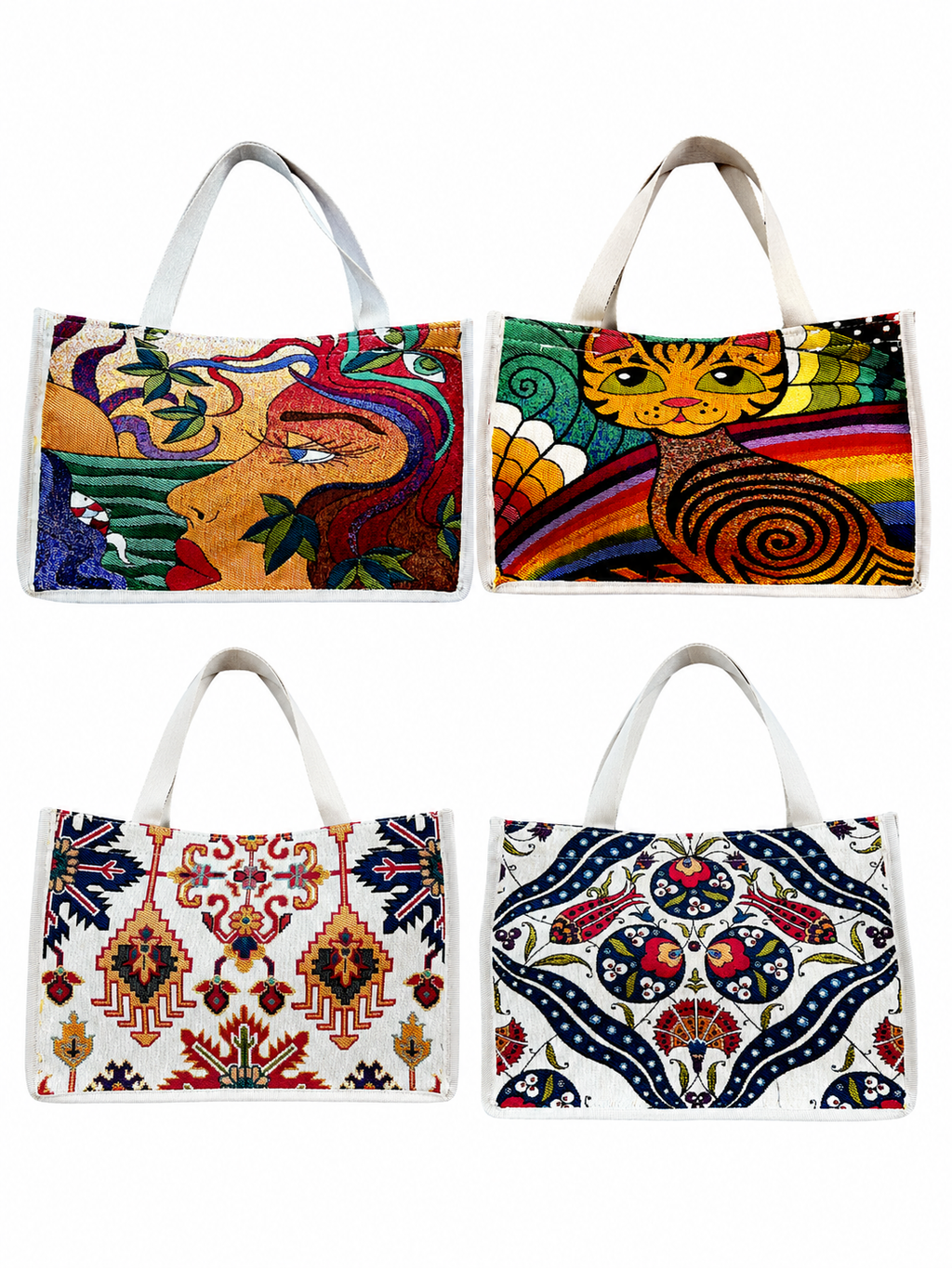 Woven Tapestry Tote Bag | Assorted Designs | 13" Cotton Everyday Shopping Bag | Hook & Loop Closure