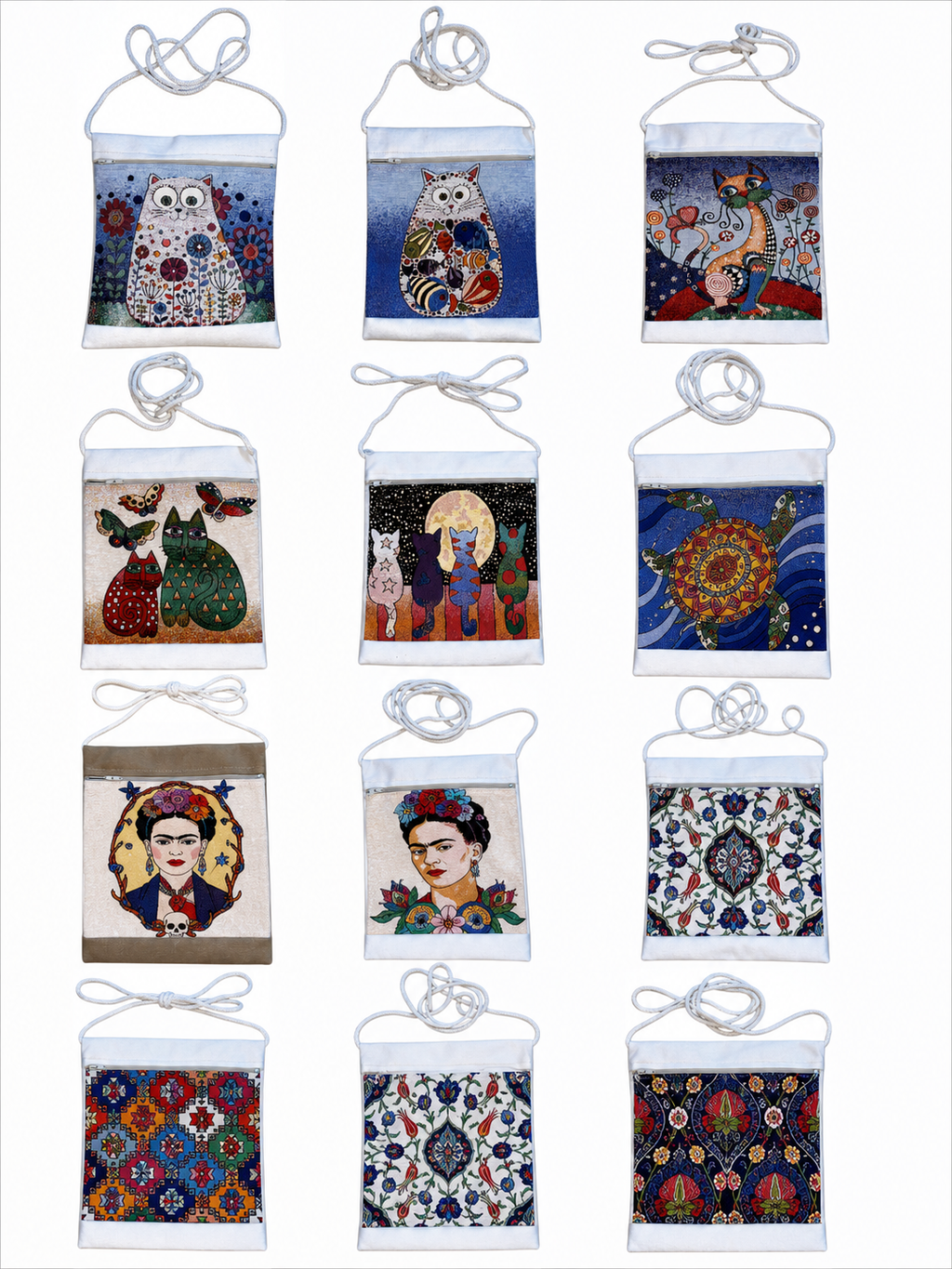Assorted Tapestry Crossbody Bags – 8" x 10" Woven Art Shoulder Bags – Wholesale Zippered Canvas Crossbody Purse – Mixed Designs & Colors
