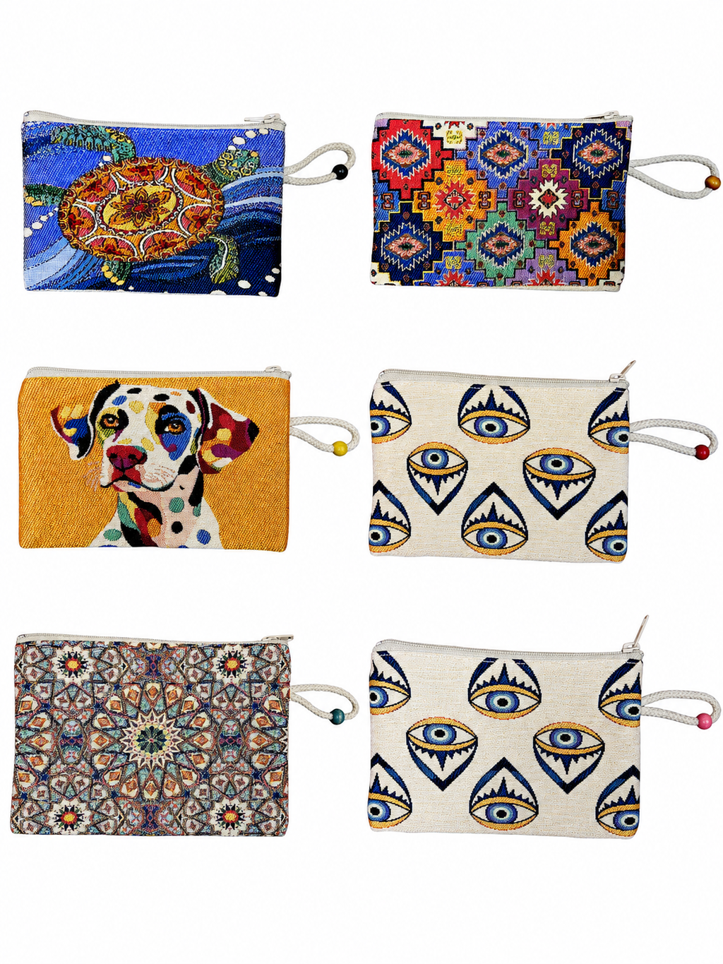 Medium Woven Cotton Wallet – Assorted Artistic Designs – Zipper Pouch with Wrist Strap – 8 x 5.5 Inches