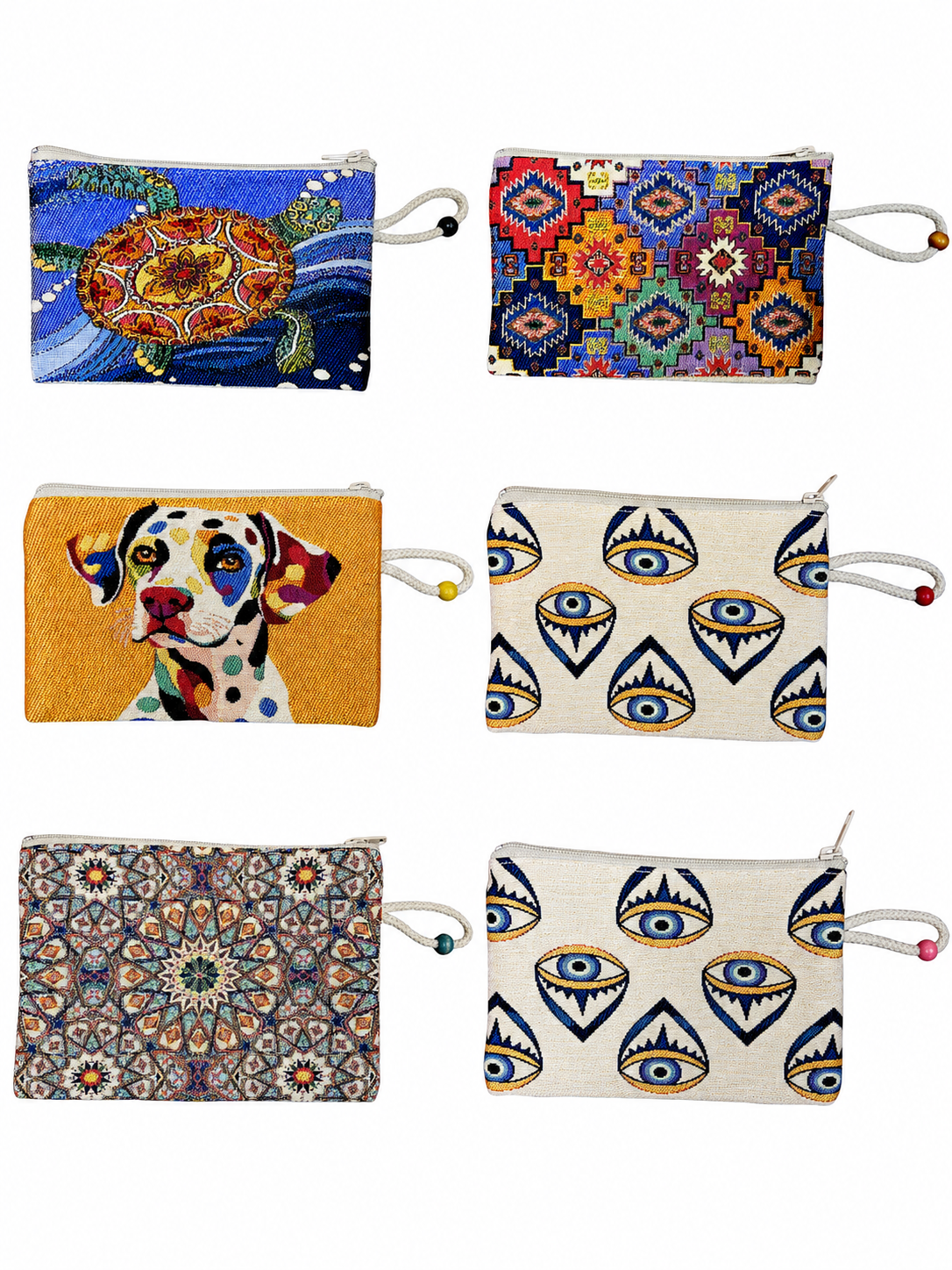Medium Woven Cotton Wallet – Assorted Artistic Designs – Zipper Pouch with Wrist Strap – 8 x 5.5 Inches