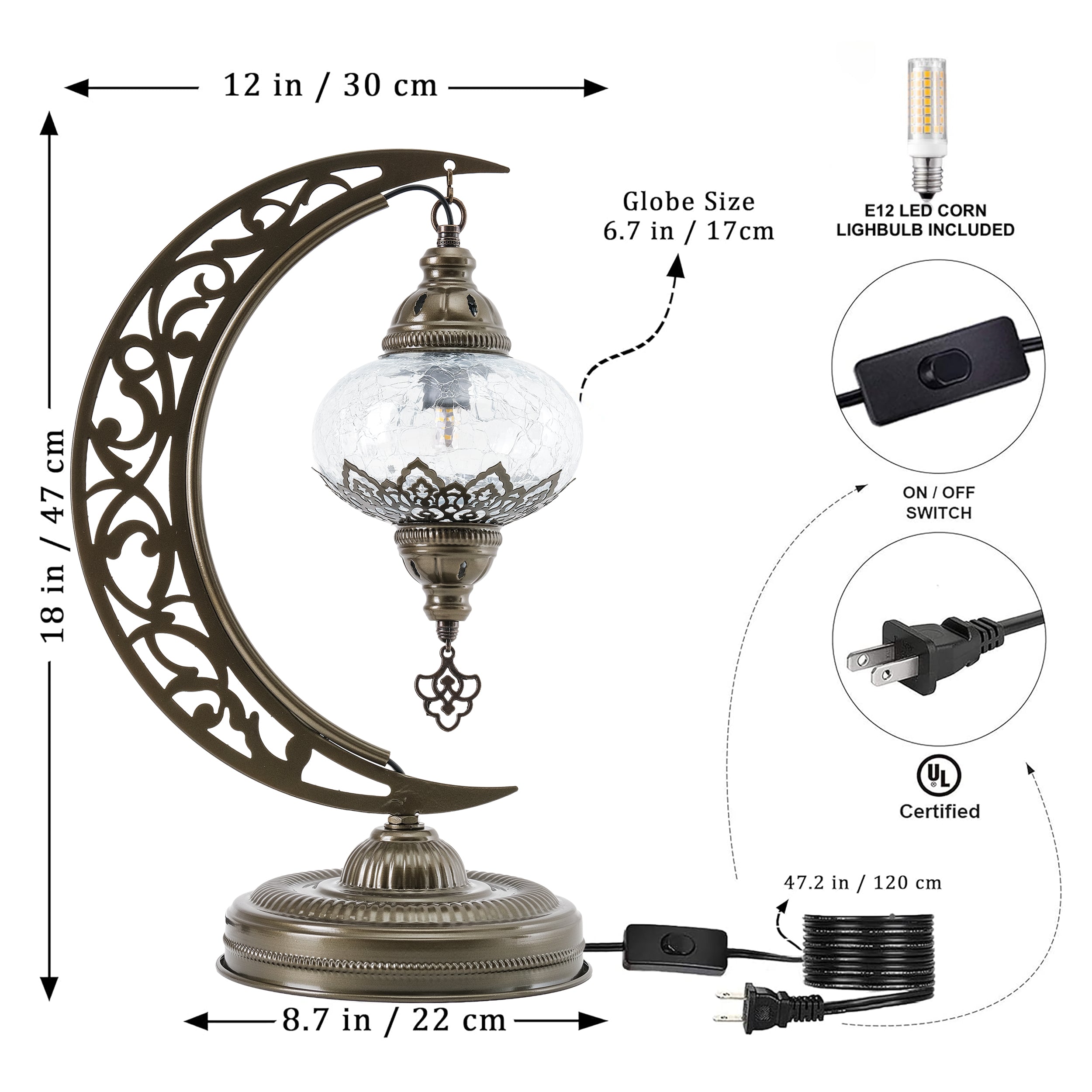 Turkish Mosaic Crescent Table Lamp Clear Craked