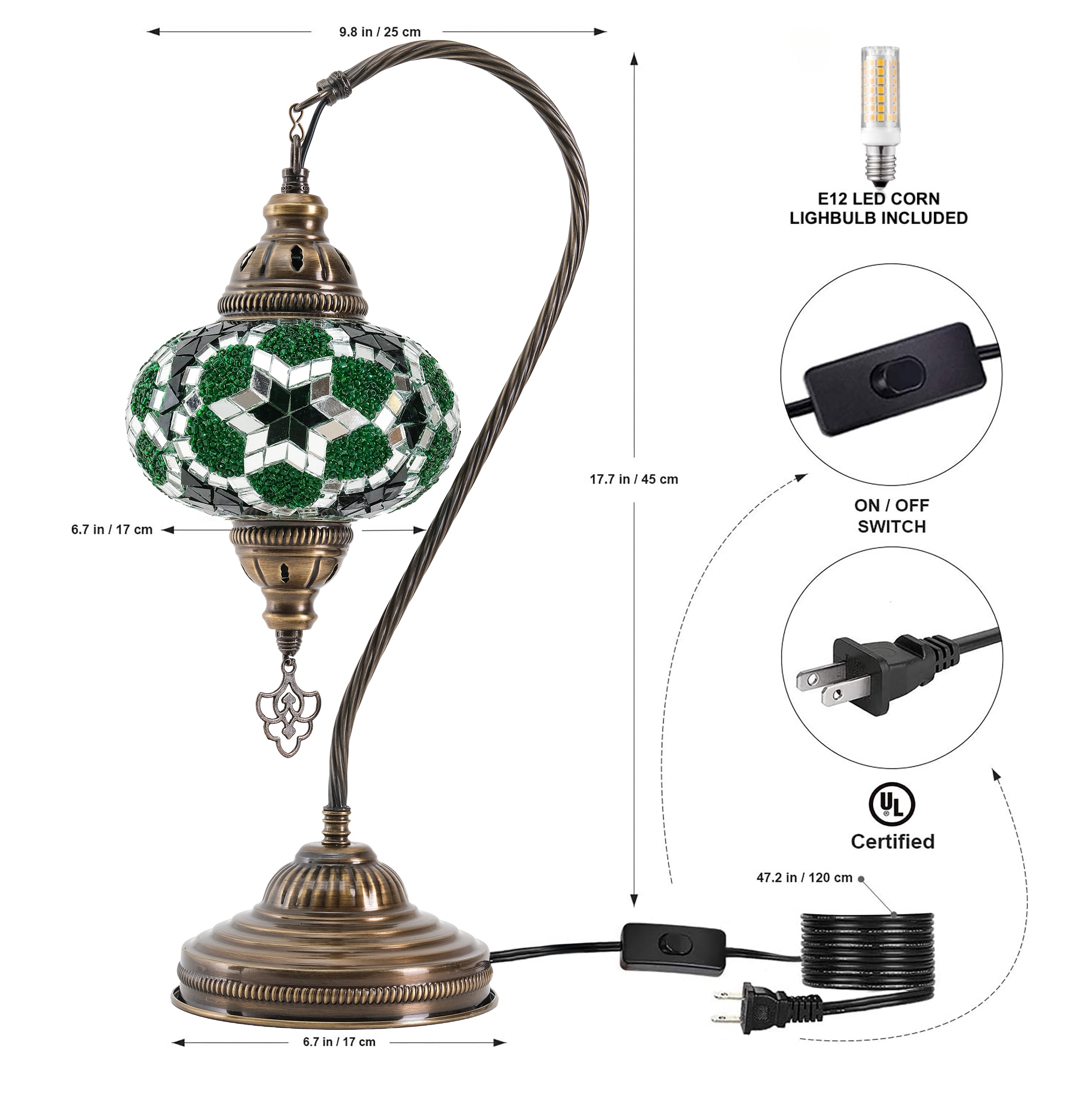 Mozaist Handmade Turkish Mosaic Swan Table Lamp Green