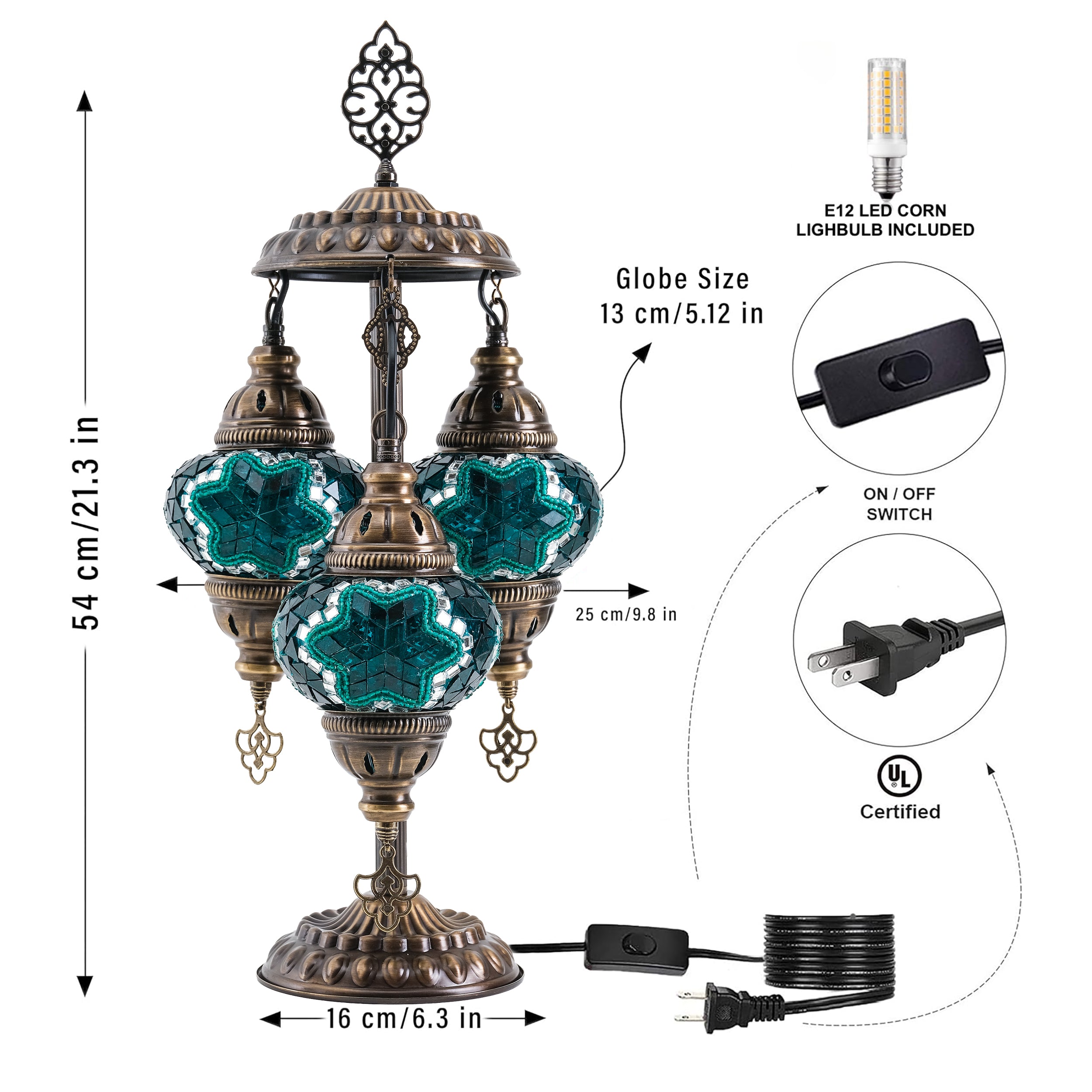 3-Globe Turkish Mosaic Table Lamp (Green)