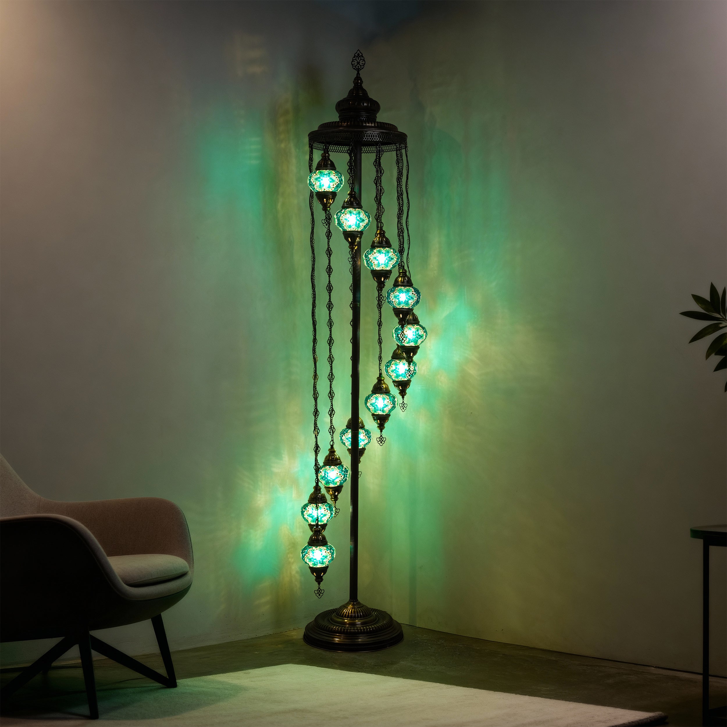 11-Globe Turkish Mosaic Floor Lamp (Green)