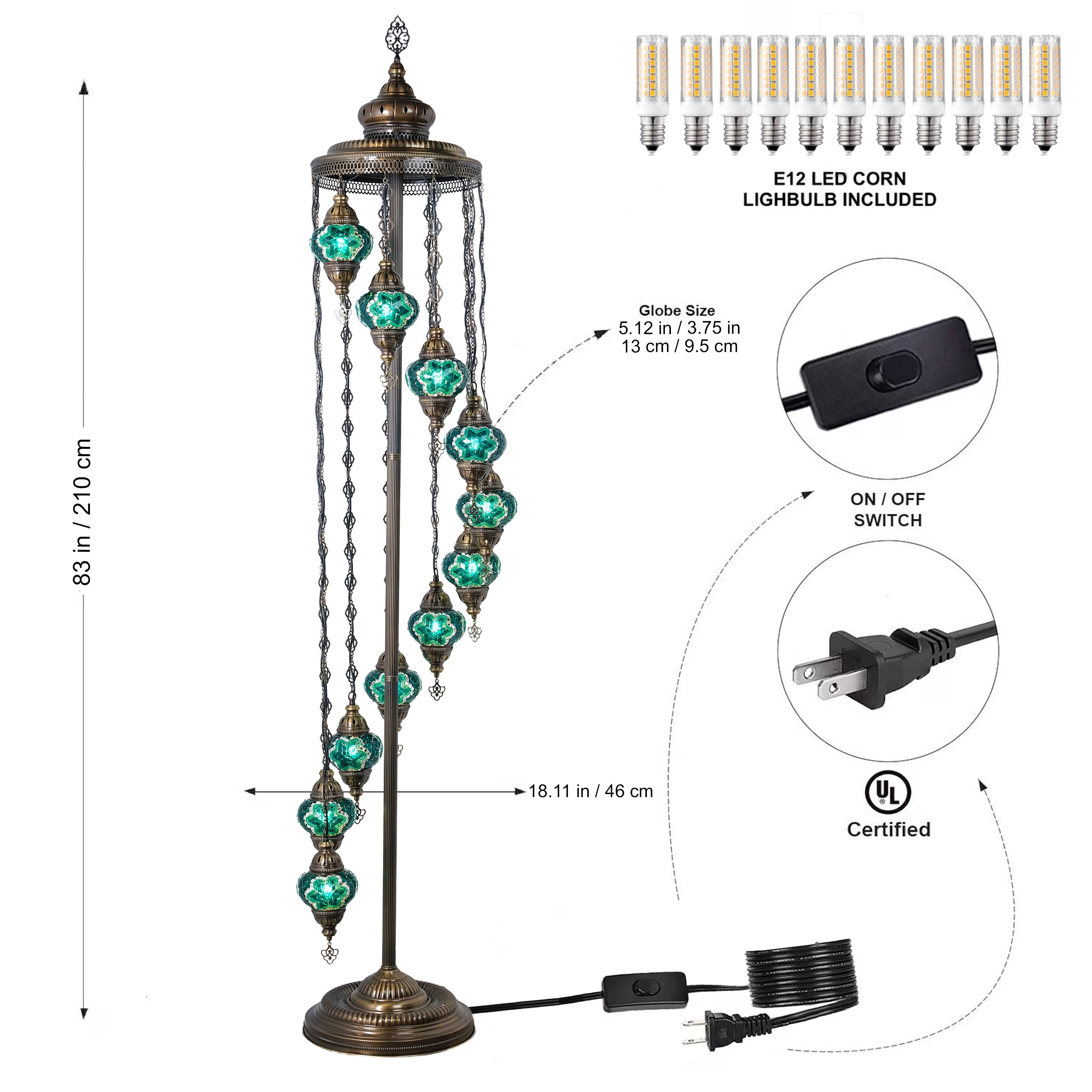 11-Globe Turkish Mosaic Floor Lamp (Green)