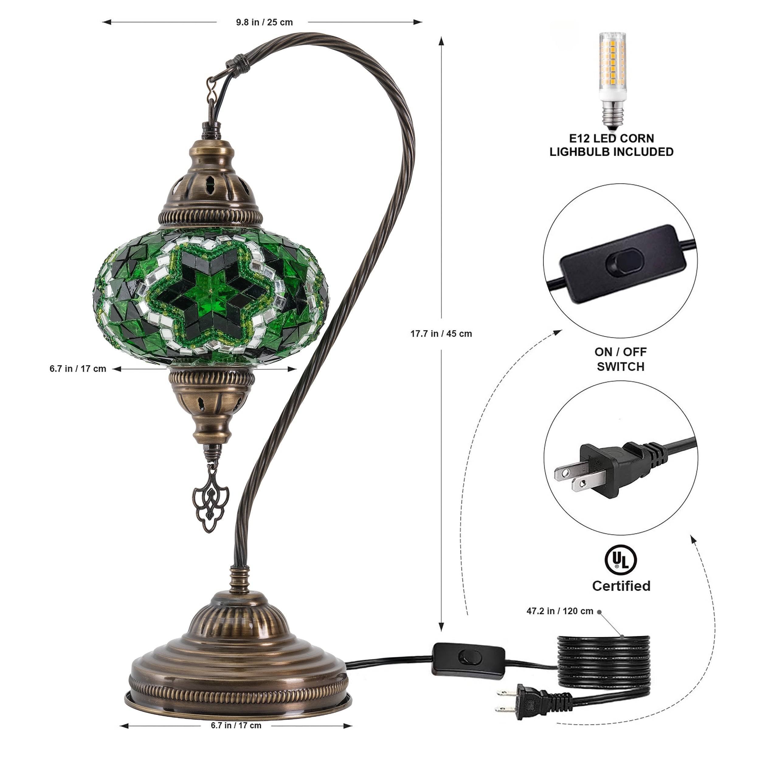 Mozaist Handmade Turkish Mosaic Swan Table Lamp Green