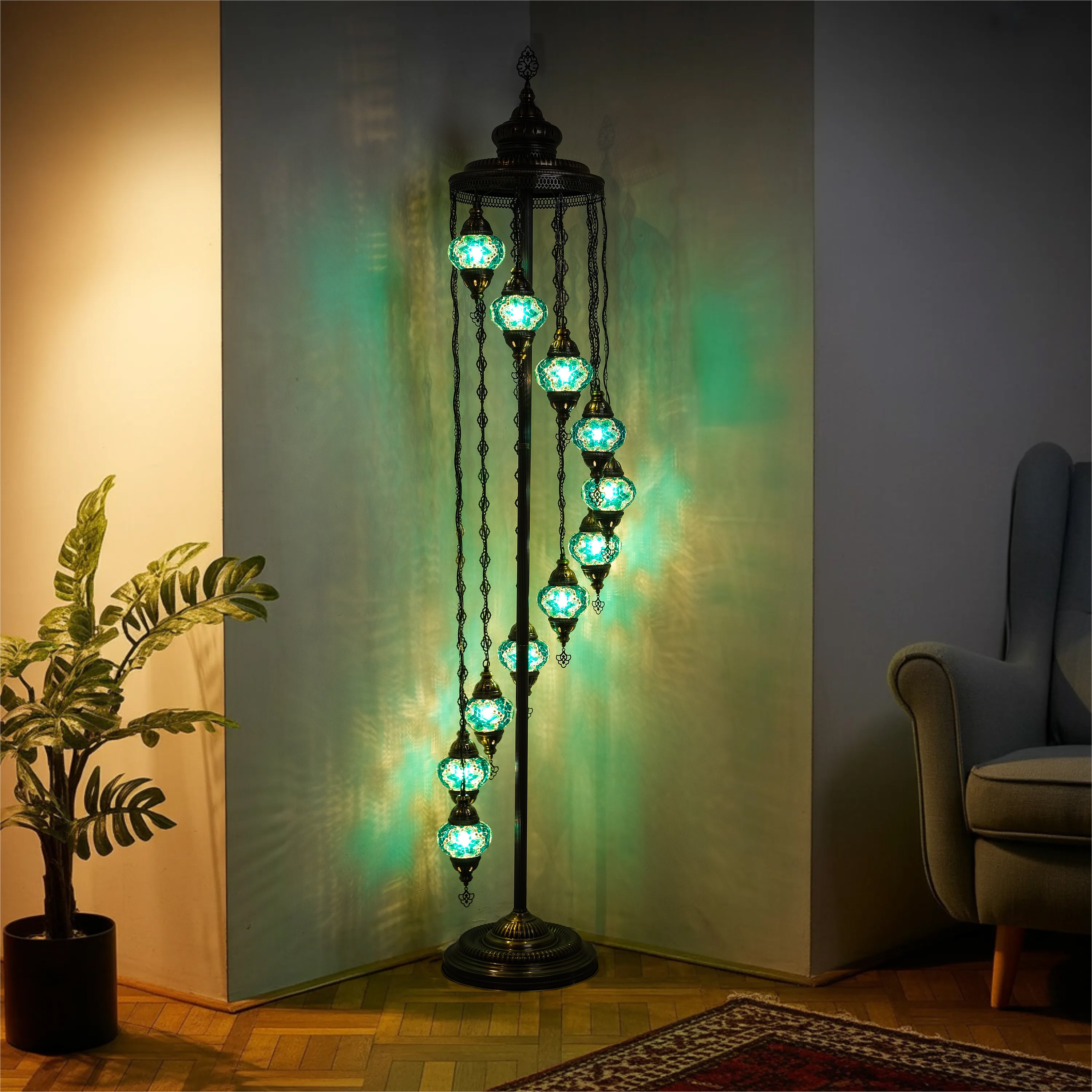 11-Globe Turkish Mosaic Floor Lamp (Green)