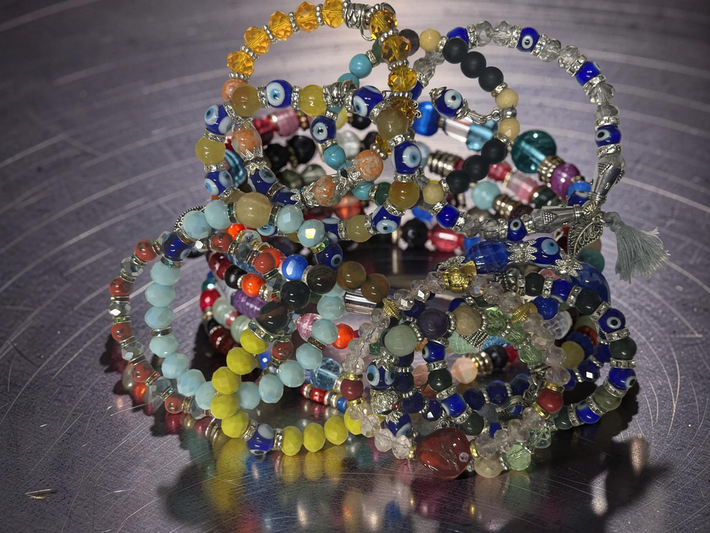 Mixed Evil Eye Bracelet Set – Handmade Glass Crystal Beaded Stretch Bracelets – Assorted Nazar Jewelry