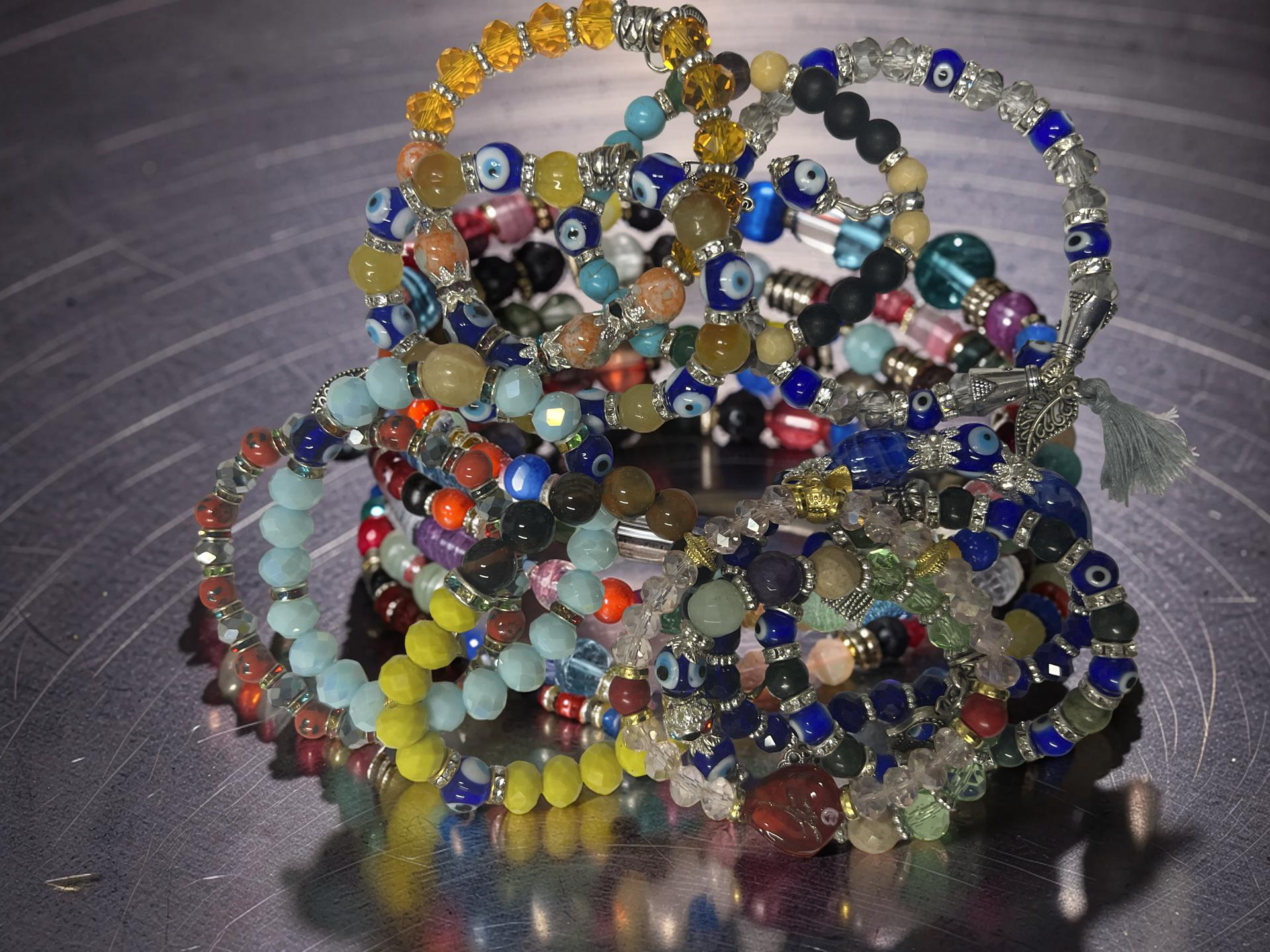 Mixed Evil Eye Bracelet Set – Handmade Glass Crystal Beaded Stretch Bracelets – Assorted Nazar Jewelry