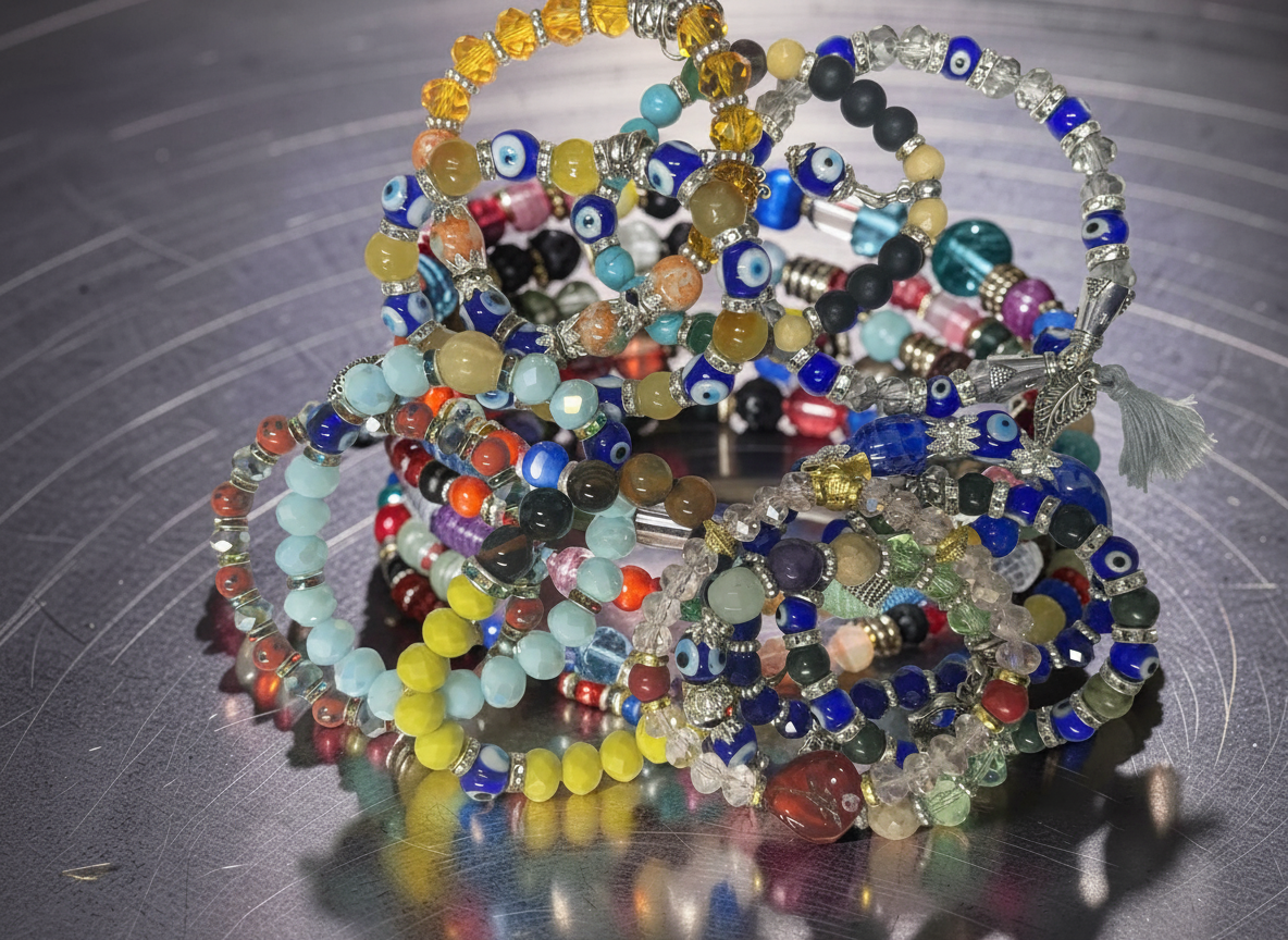 Mixed Evil Eye Bracelet Set – Handmade Glass Crystal Beaded Stretch Bracelets – Assorted Nazar Jewelry