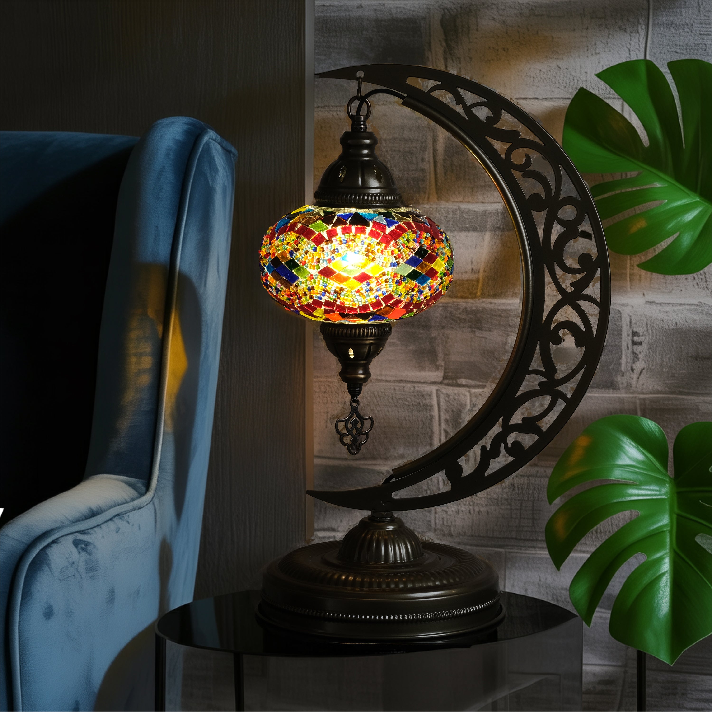 Turkish Mosaic Crescent Table Lamp (Rainbow)