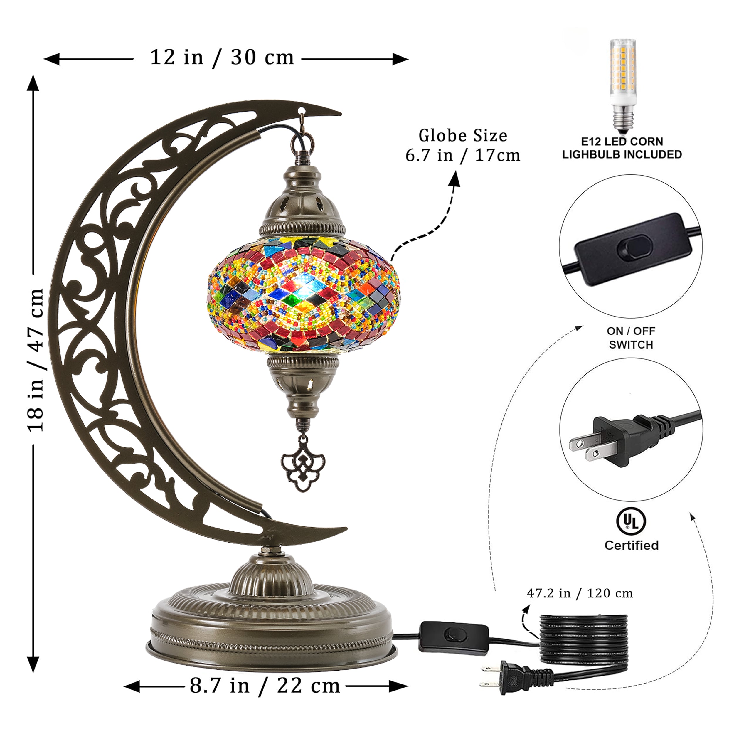 Turkish Mosaic Crescent Table Lamp (Rainbow)