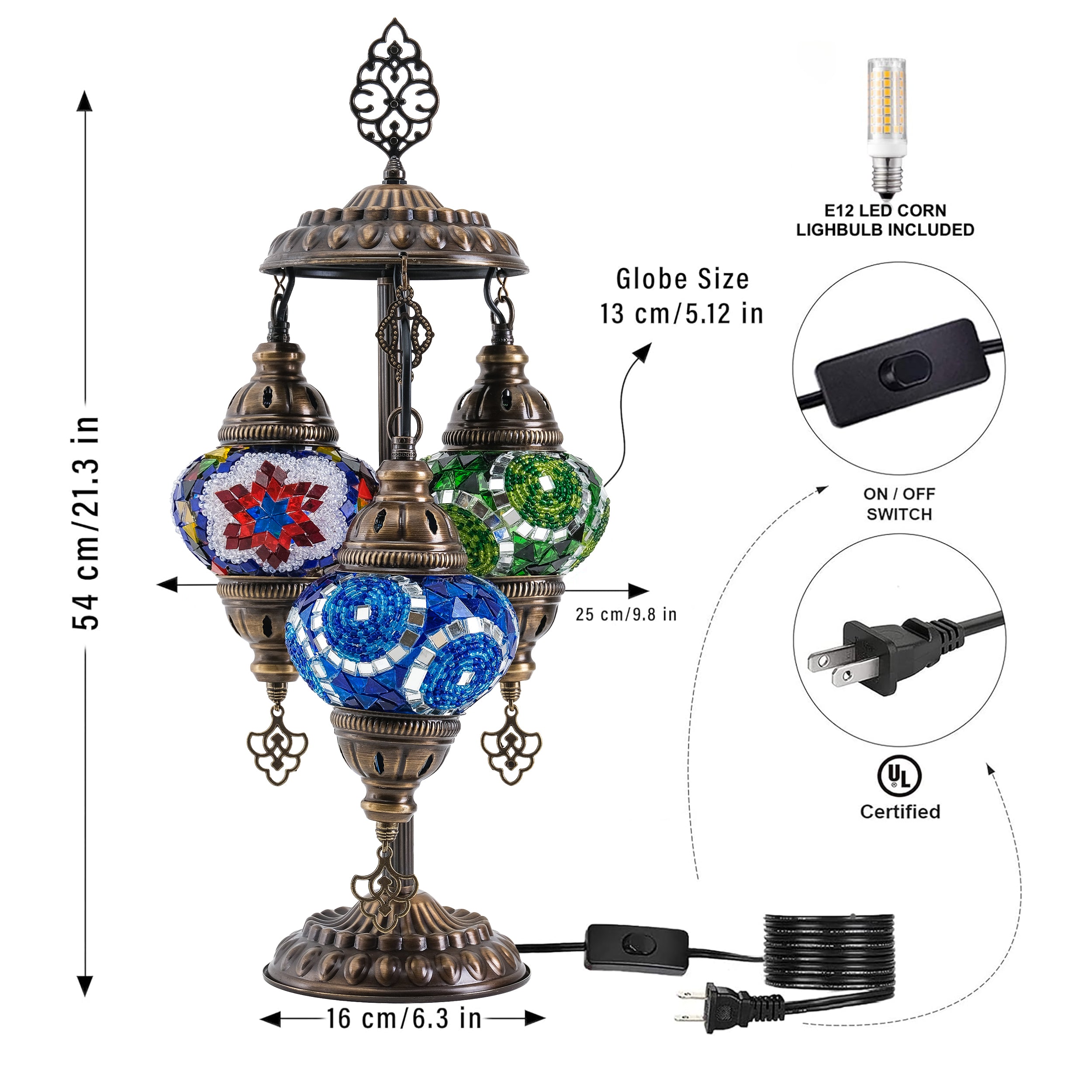 3-Globe Turkish Mosaic Table Lamp (Multicolor)