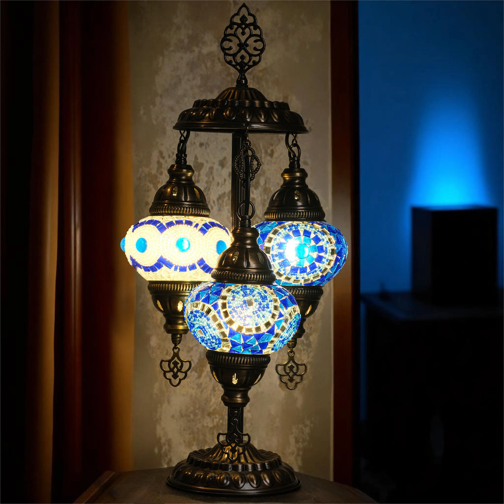 3-Globe Turkish Mosaic Table Lamp (Blue Combination)