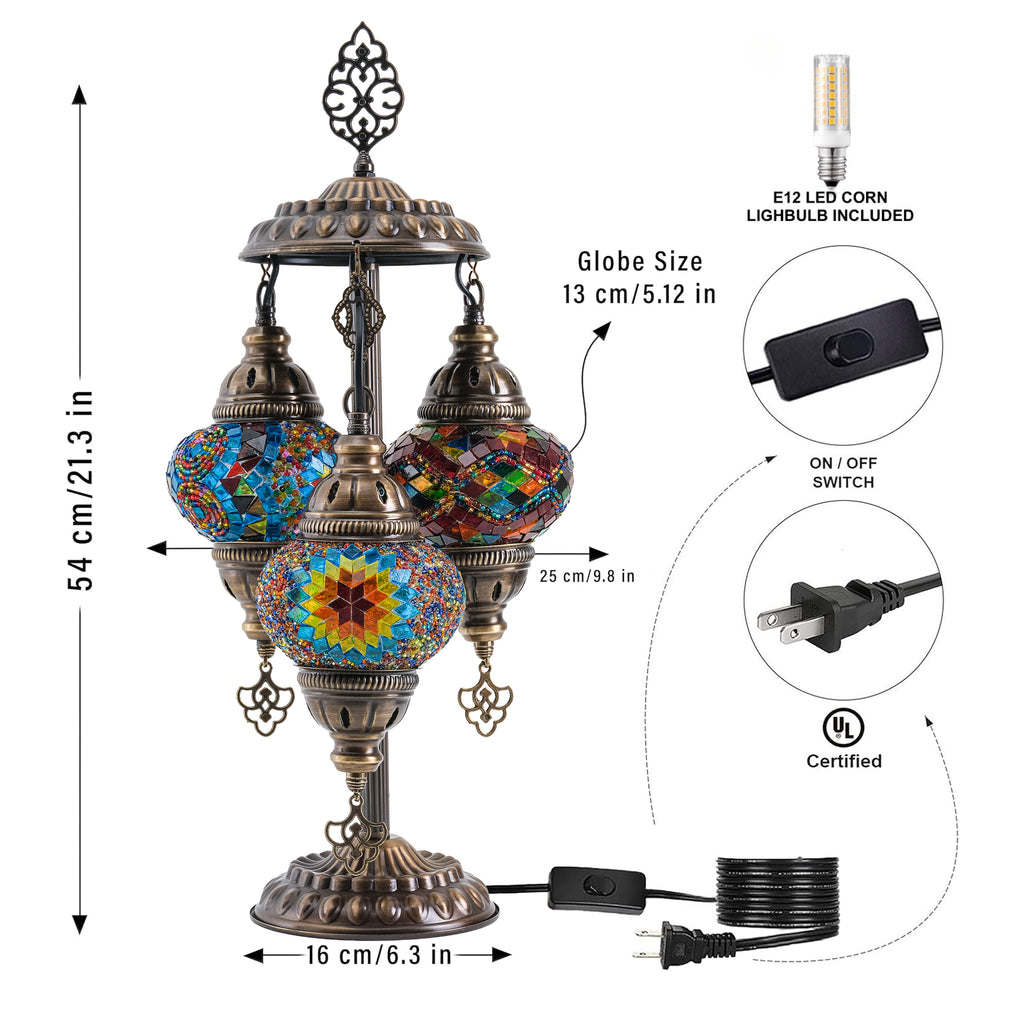 3-Globe Turkish Mosaic Table Lamp (Rainbow)
