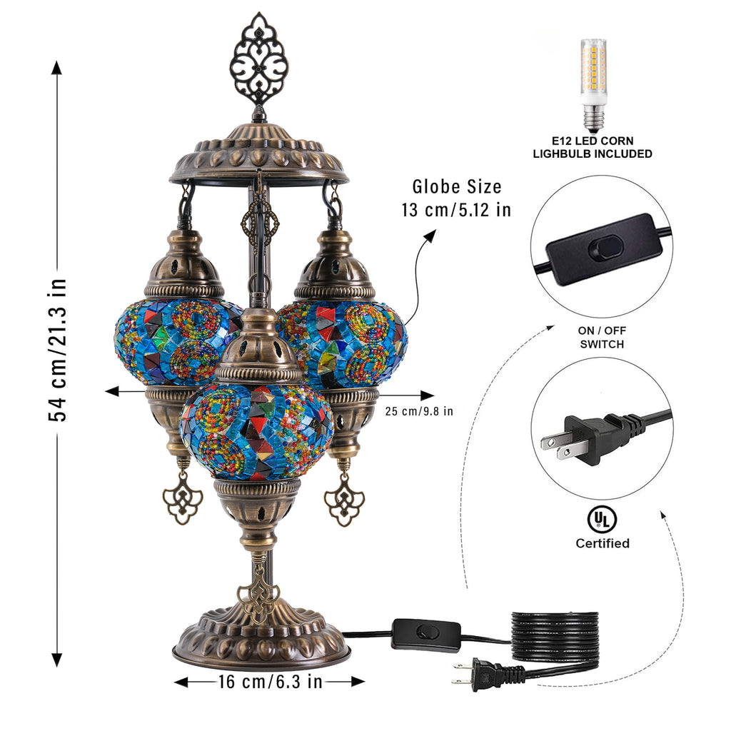 3-Globe Turkish Mosaic Table Lamp (Rainbow)