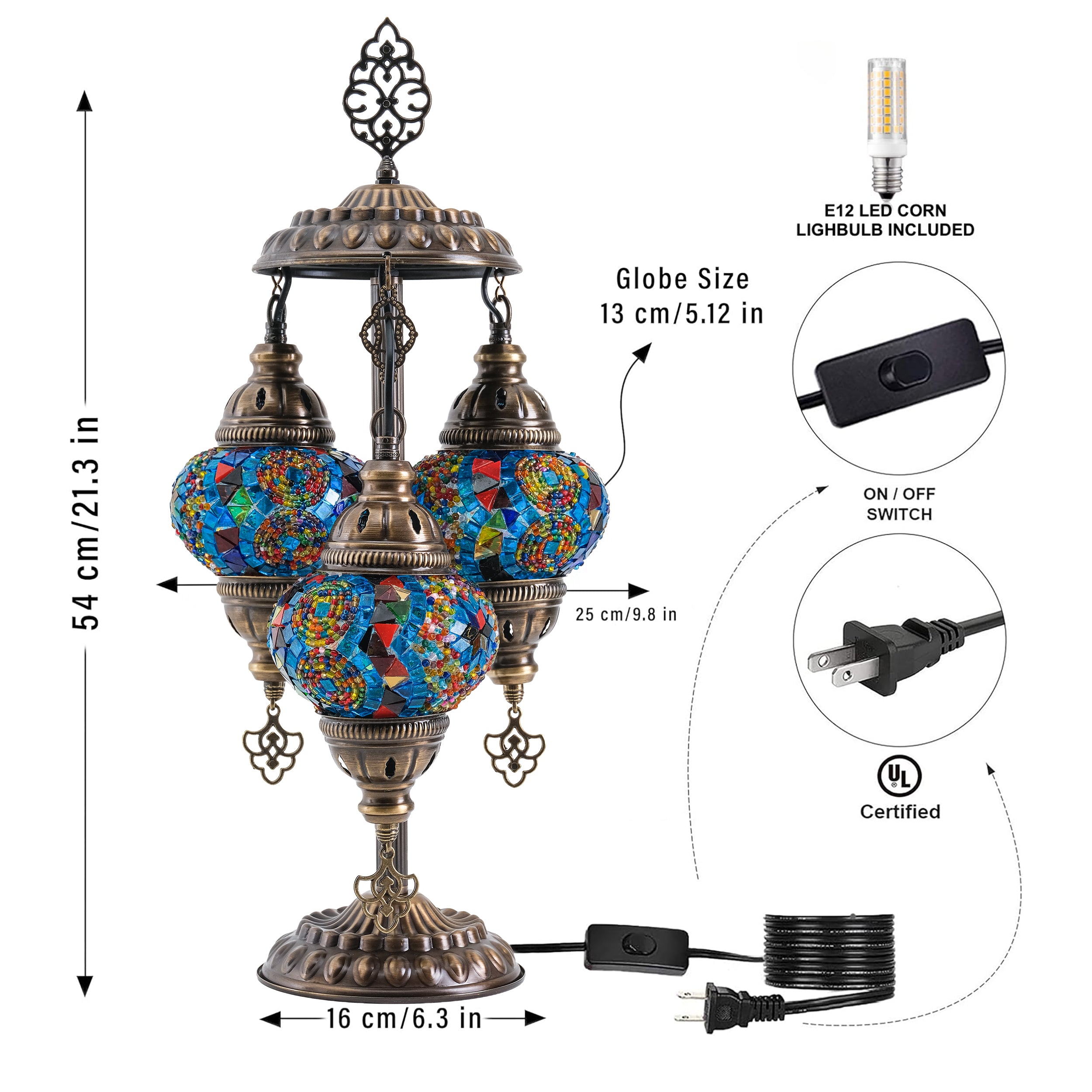 3-Globe Turkish Mosaic Table Lamp (Rainbow)