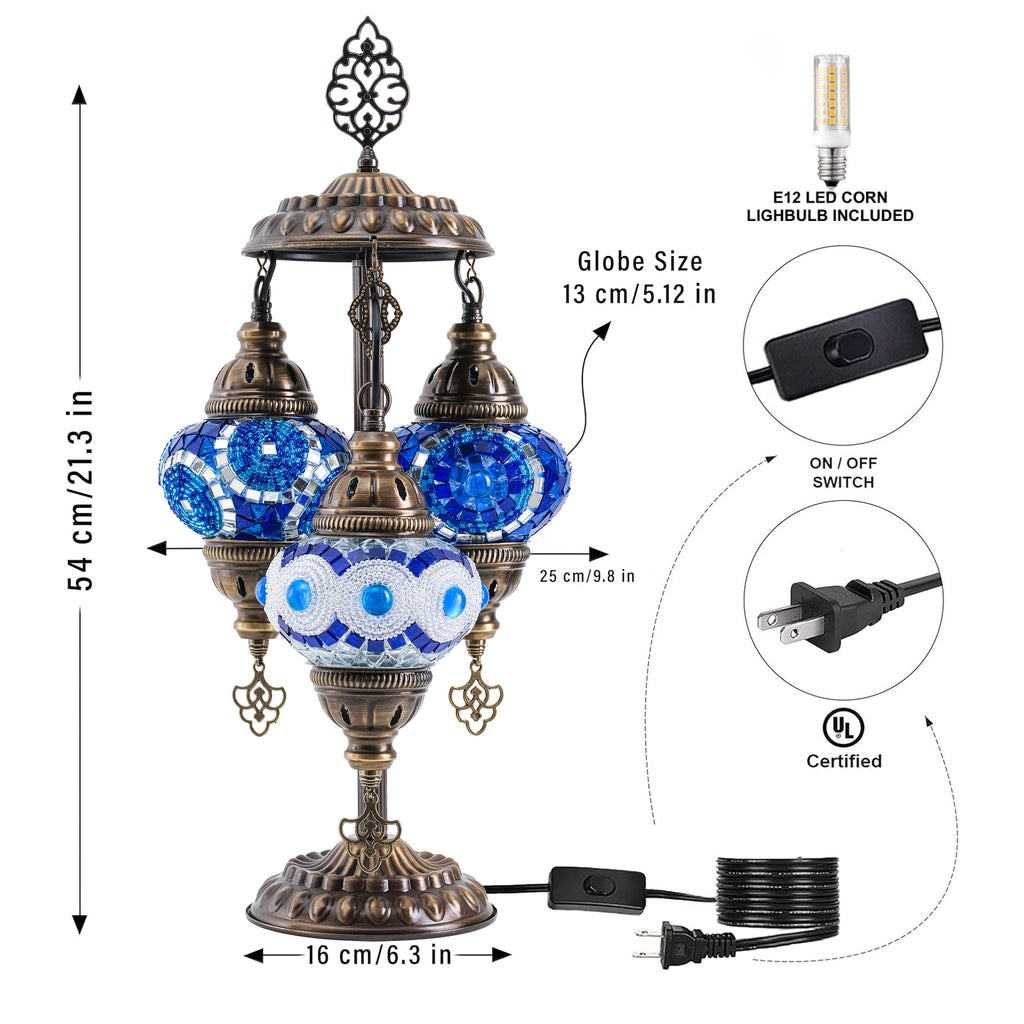 3-Globe Turkish Mosaic Table Lamp (Blue Combination)