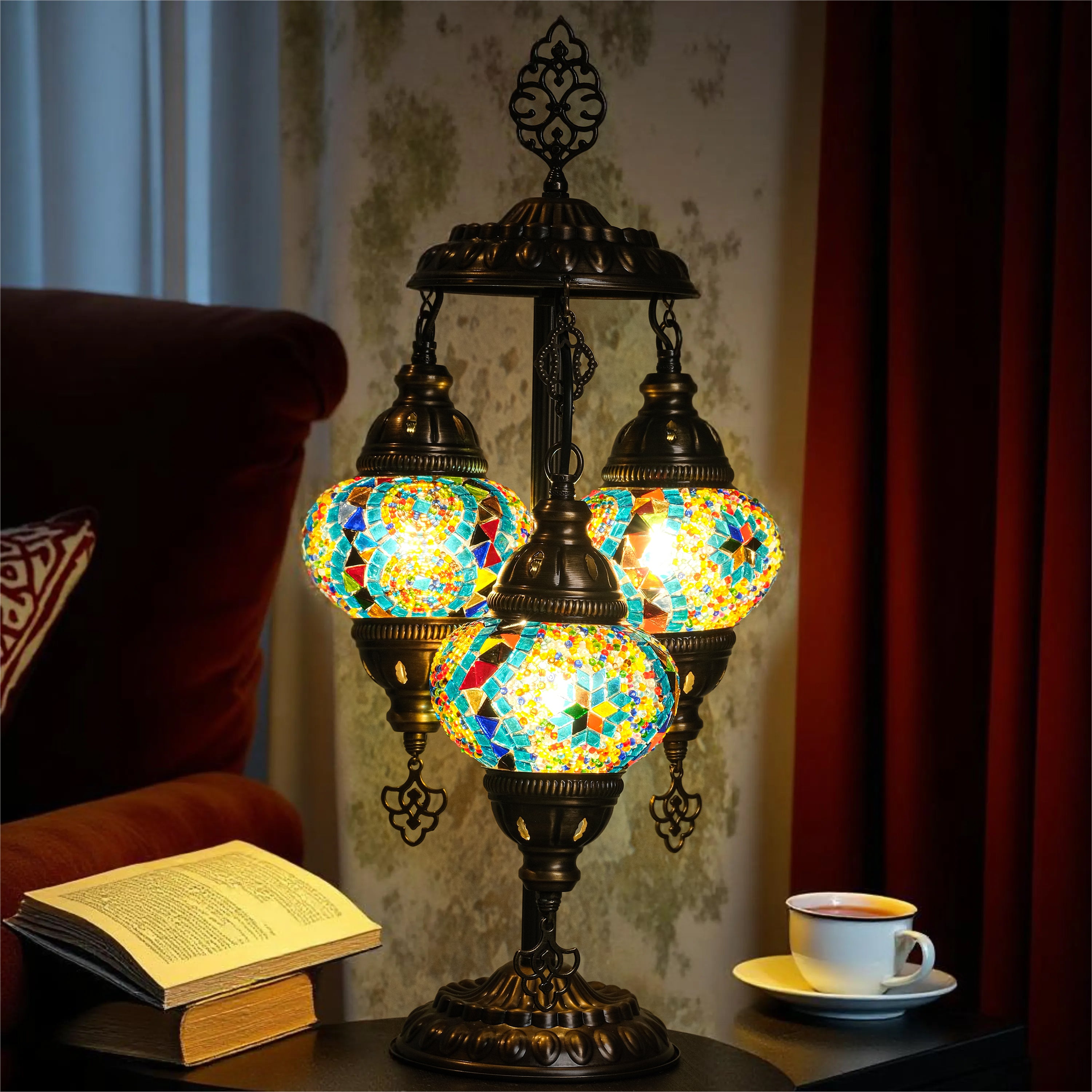 3-Globe Turkish Mosaic Table Lamp (Rainbow)
