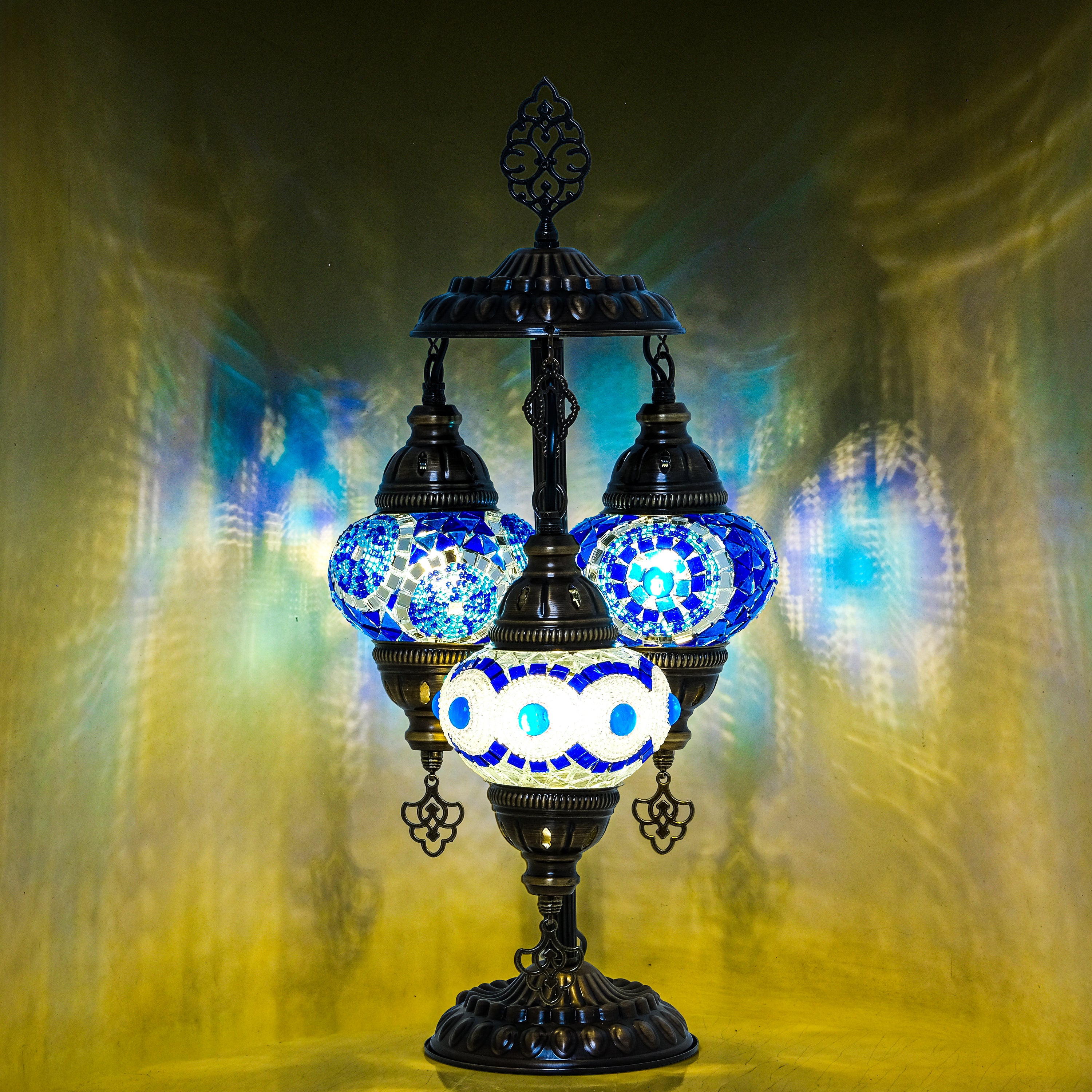 3-Globe Turkish Mosaic Table Lamp (Blue Combination)