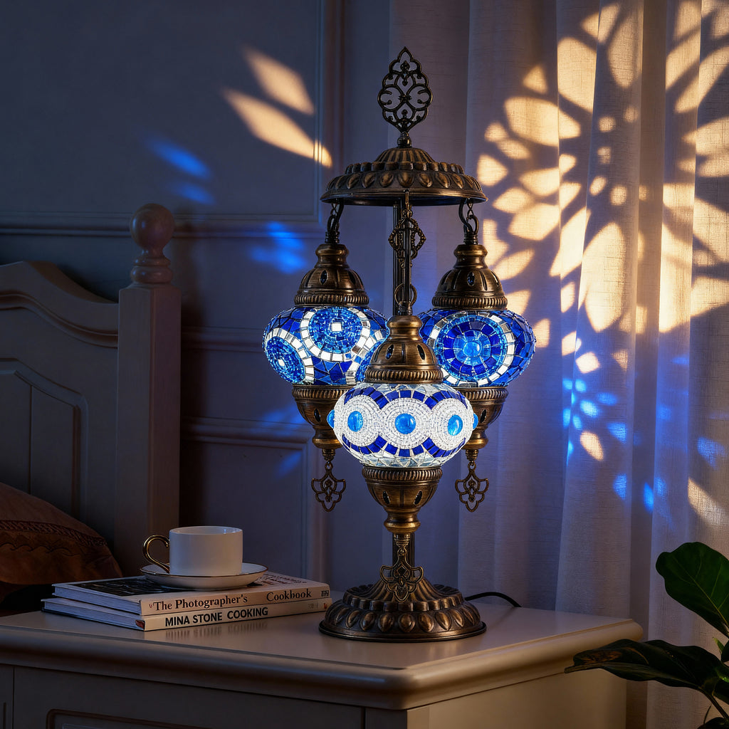 3-Globe Turkish Mosaic Table Lamp (Blue Combination)