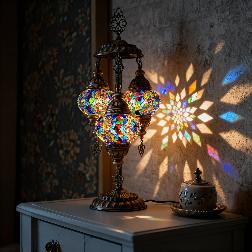 3-Globe Turkish Mosaic Table Lamp (Rainbow)