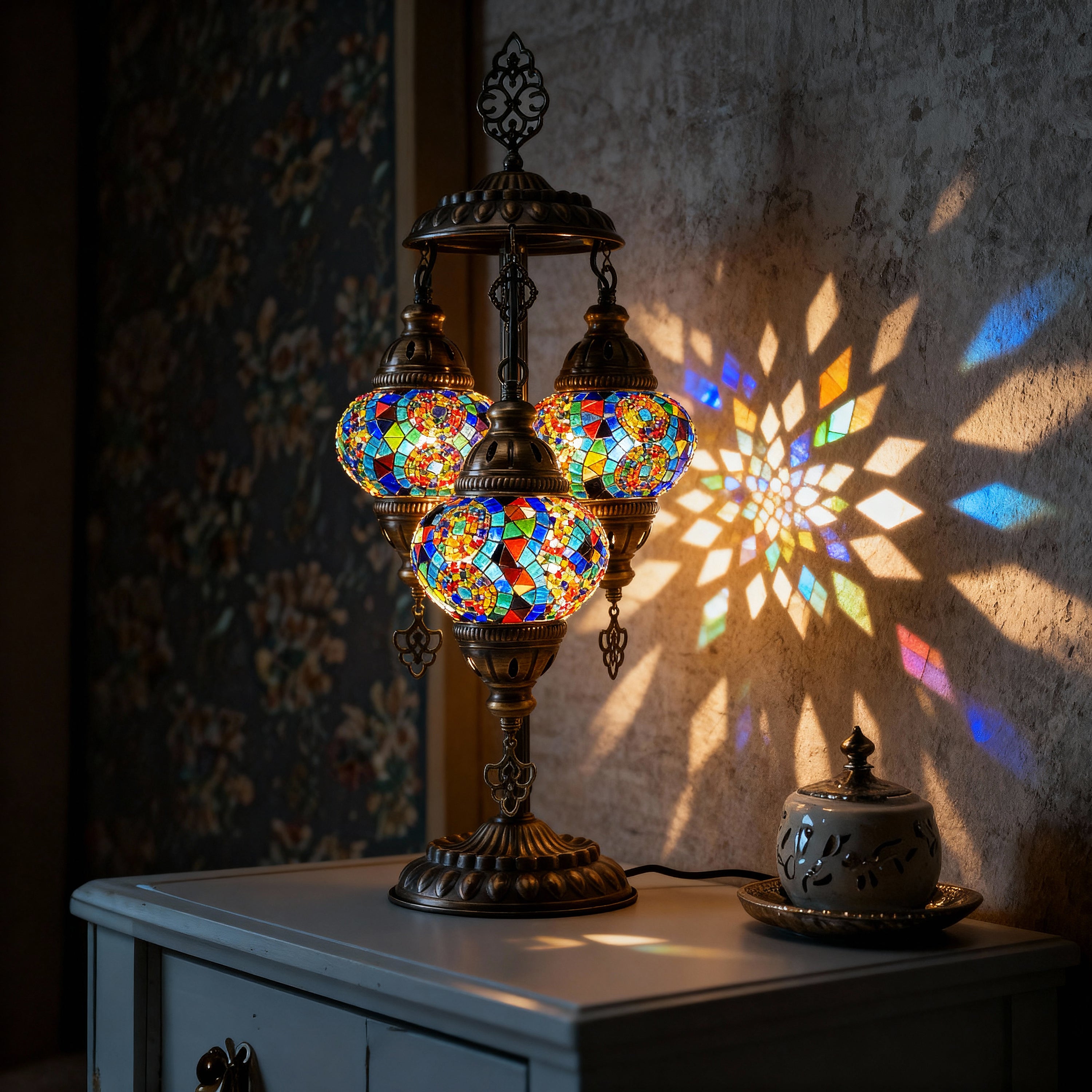 3-Globe Turkish Mosaic Table Lamp (Rainbow)