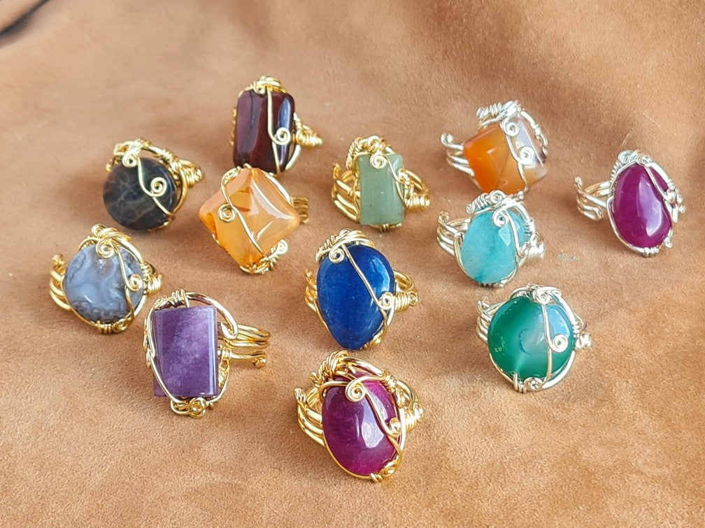 Handcrafted Natural Stone Ring Collection – Gold - Silver Plated Copper