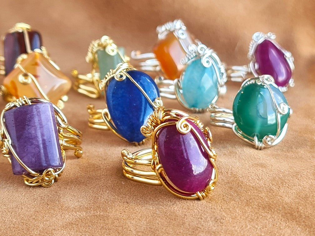 Handcrafted Natural Stone Ring Collection – Gold - Silver Plated Copper