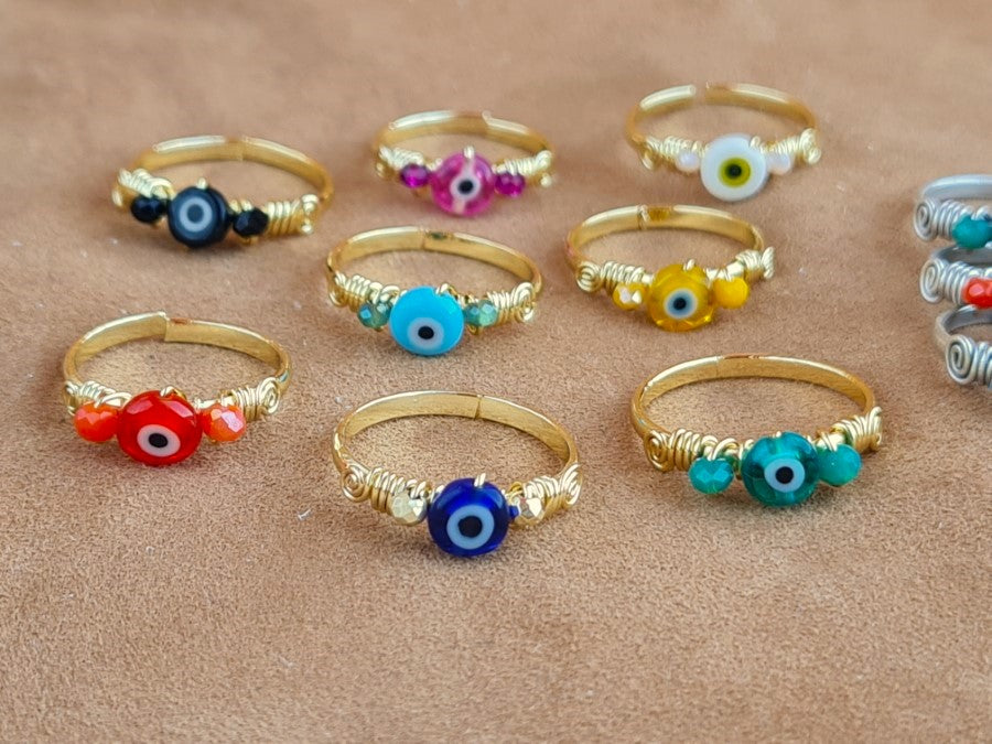 Handcrafted Murano-Style Glass & Natural Stone Ring – Gold, Polish Silver & Matte Silver Plated Copper (R-131)