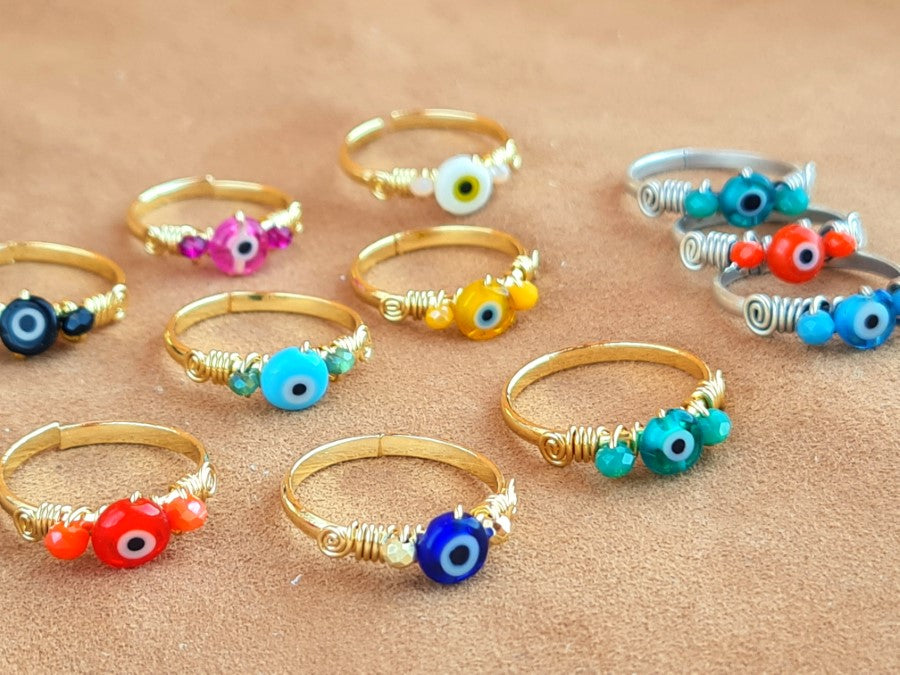 Handcrafted Murano-Style Glass & Natural Stone Ring – Gold, Polish Silver & Matte Silver Plated Copper (R-131)