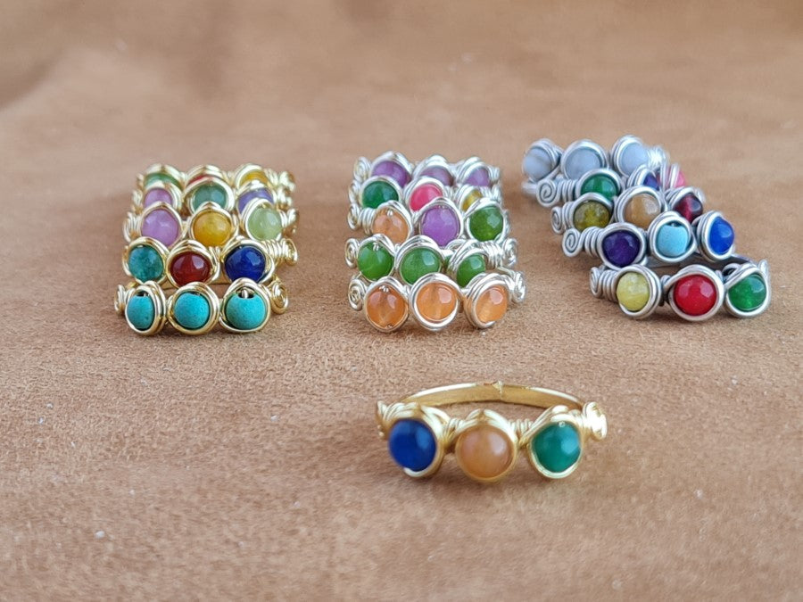 Handcrafted Naturel Mixed Stones Ring Collection – Gold- Mat Silver-Polish Silver Plated Copper