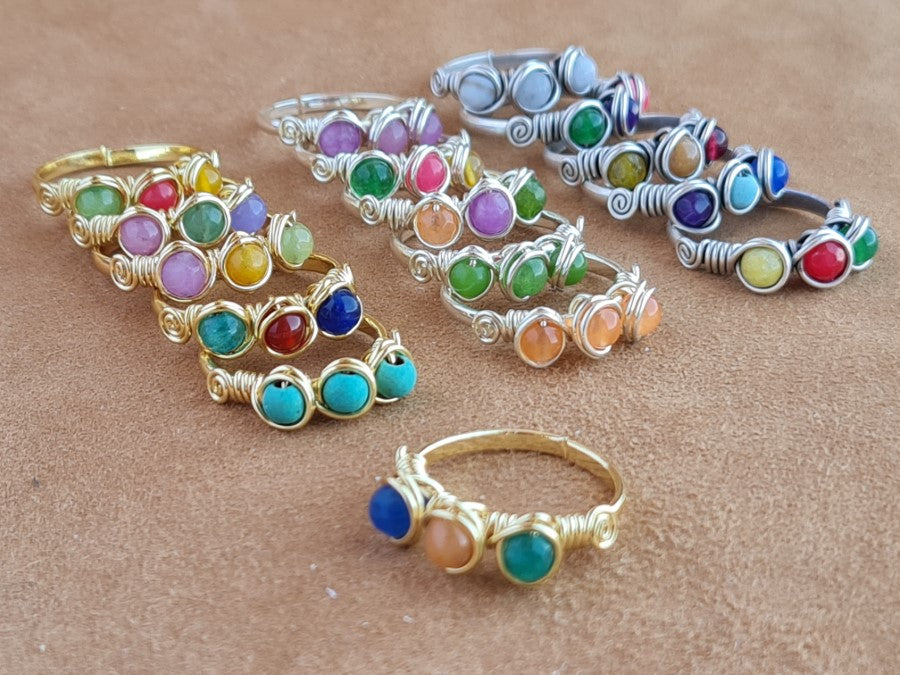 Handcrafted Naturel Mixed Stones Ring Collection – Gold- Mat Silver-Polish Silver Plated Copper