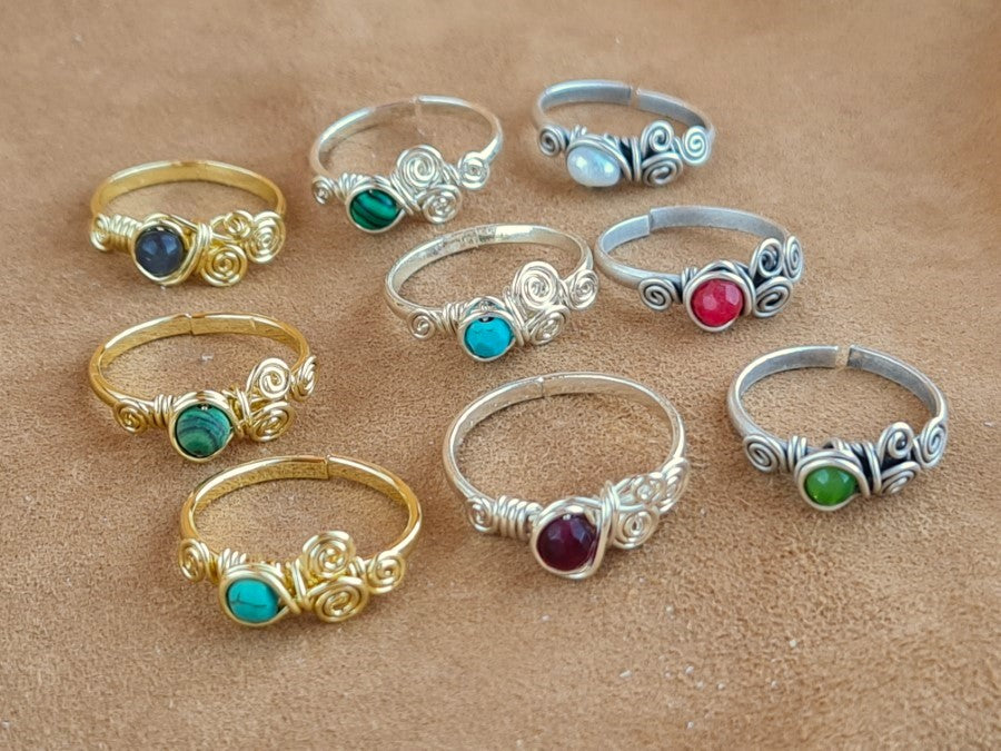 Handcrafted Natural Mixed Stone Ring – Gold, Polish Silver & Matte Silver Plated Copper (R-202)