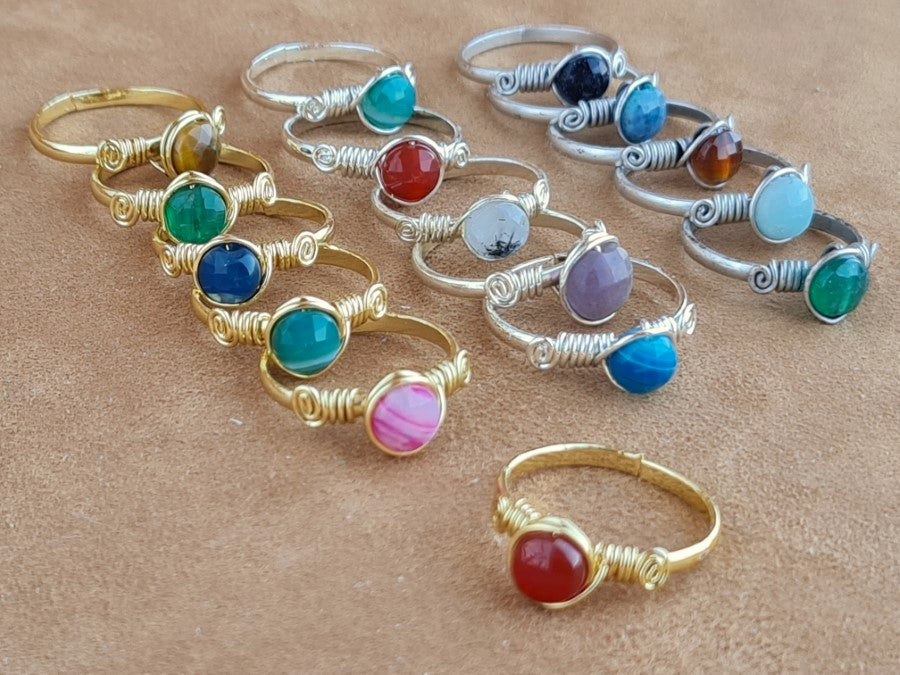 Handcrafted Natural Stone Ring Collection – Gold- Mat Silver-Polish Silver Plated Copper