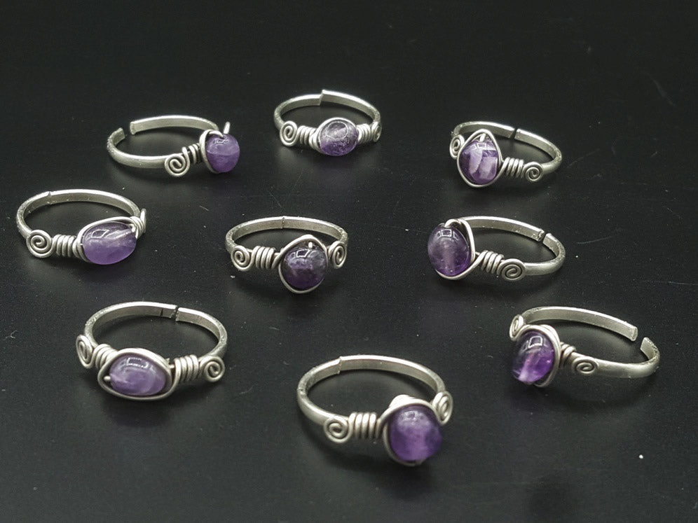 Handcrafted Amethyst Stone Ring – Gold, Polish Silver & Matte Silver Plated Copper (R-305)