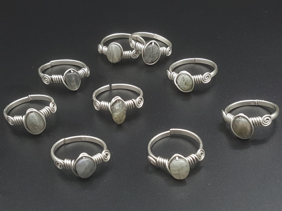 Handcrafted Minimal Copper Ring with Labradorite Stone – Gold, Polish Silver & Matte Silver Plated (R-371)