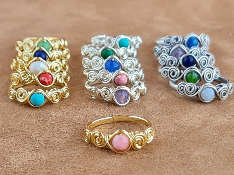 Handcrafted Mixed Natural Stone Copper Ring – Gold, Polish Silver & Matte Silver Finish (R-384)