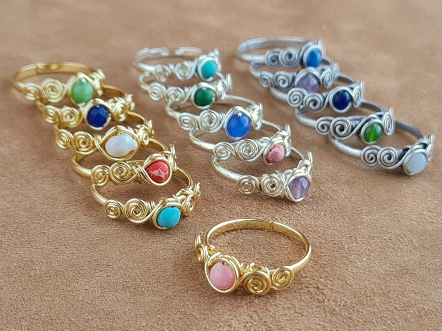 Handcrafted Mixed Natural Stone Copper Ring – Gold, Polish Silver & Matte Silver Finish (R-384)