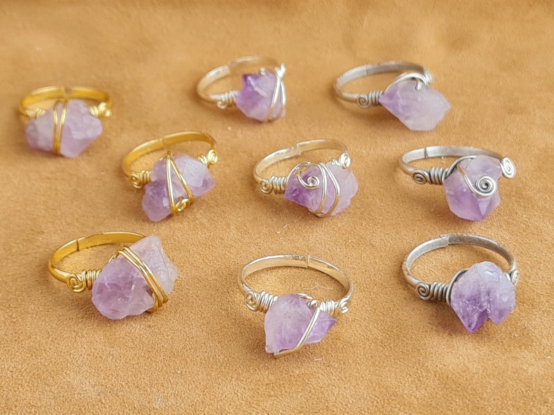 Handcrafted Natural Amethyst Stone Ring Collection – Gold- Mat Silver-Polish Silver Plated Copper