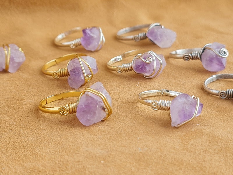Handcrafted Natural Amethyst Stone Ring Collection – Gold- Mat Silver-Polish Silver Plated Copper