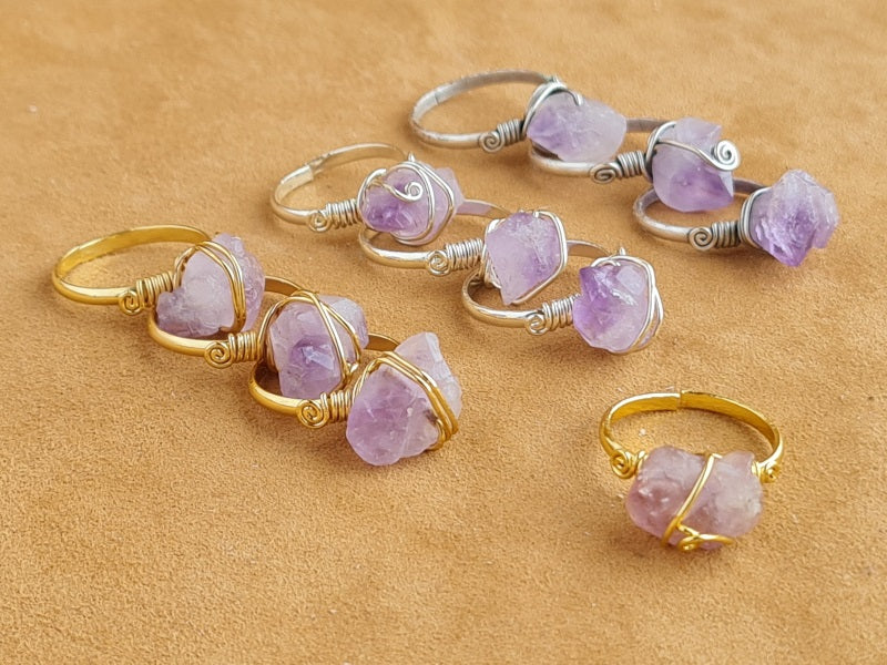 Handcrafted Natural Amethyst Stone Ring Collection – Gold- Mat Silver-Polish Silver Plated Copper